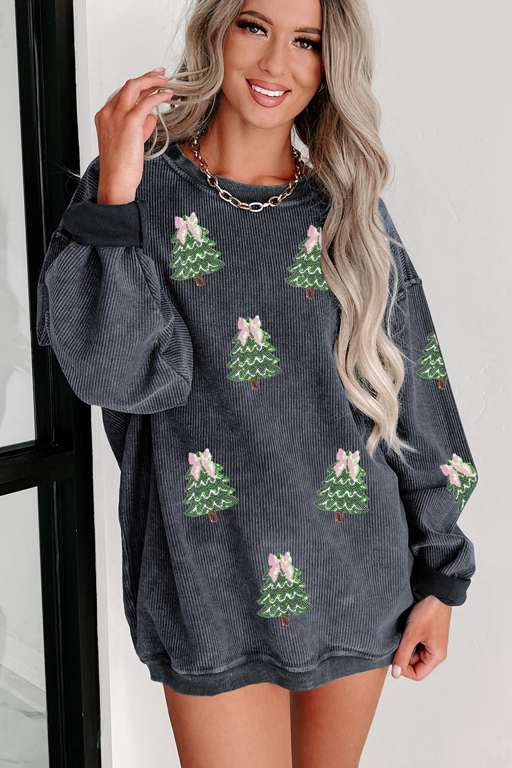Gray Ribbed Round Neck Sequin Christmas Tree Patched Baggy Sweatshirt