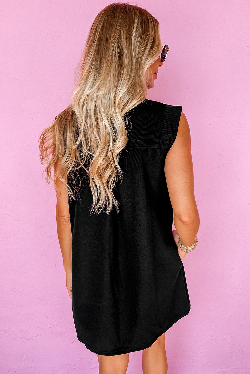 Black Sequin Bunny Doll Graphic Collared Sleeveless Mini Dress
