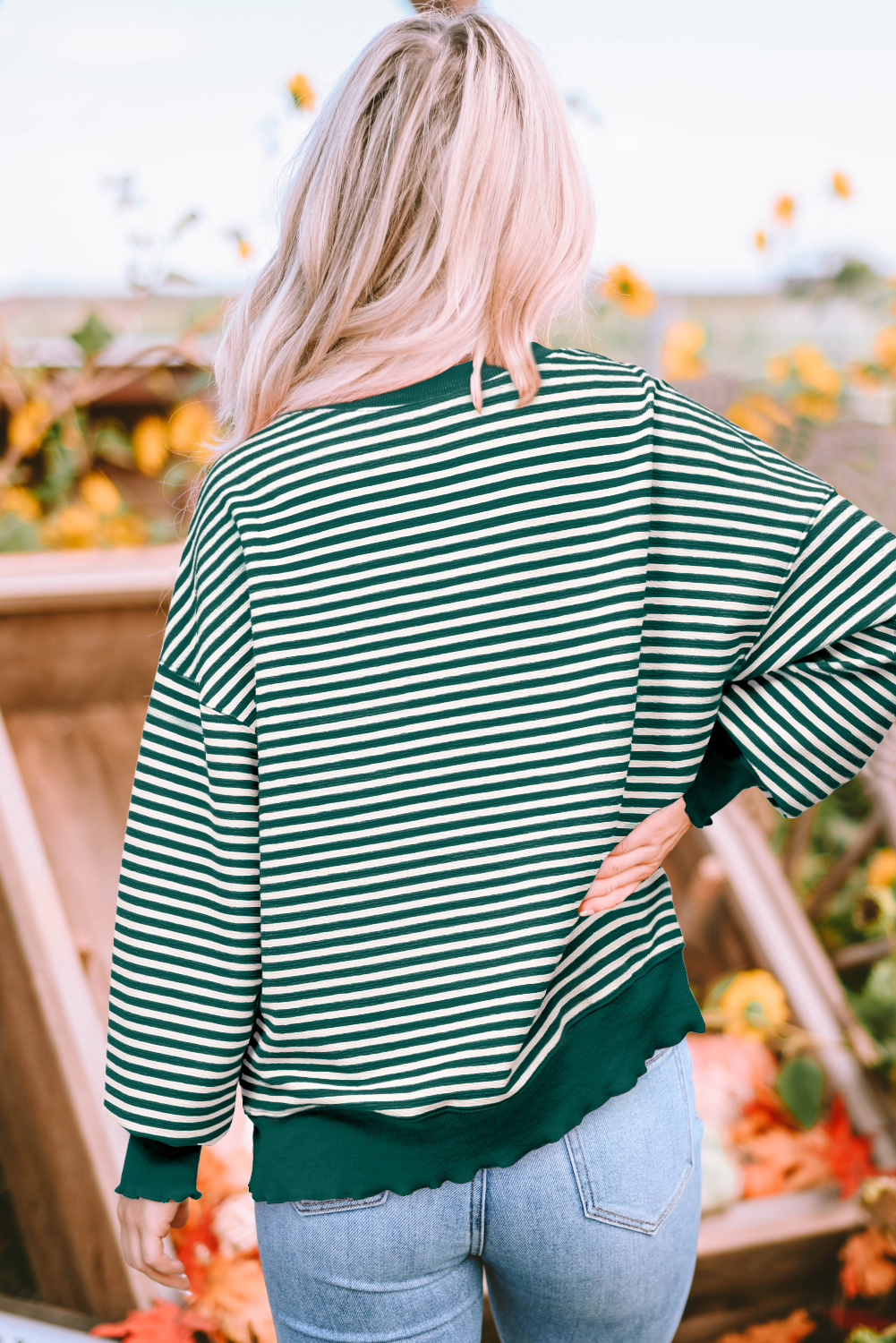 Green Stripe Sequin Clover Patched Drop Shoulder Long Sleeve Top