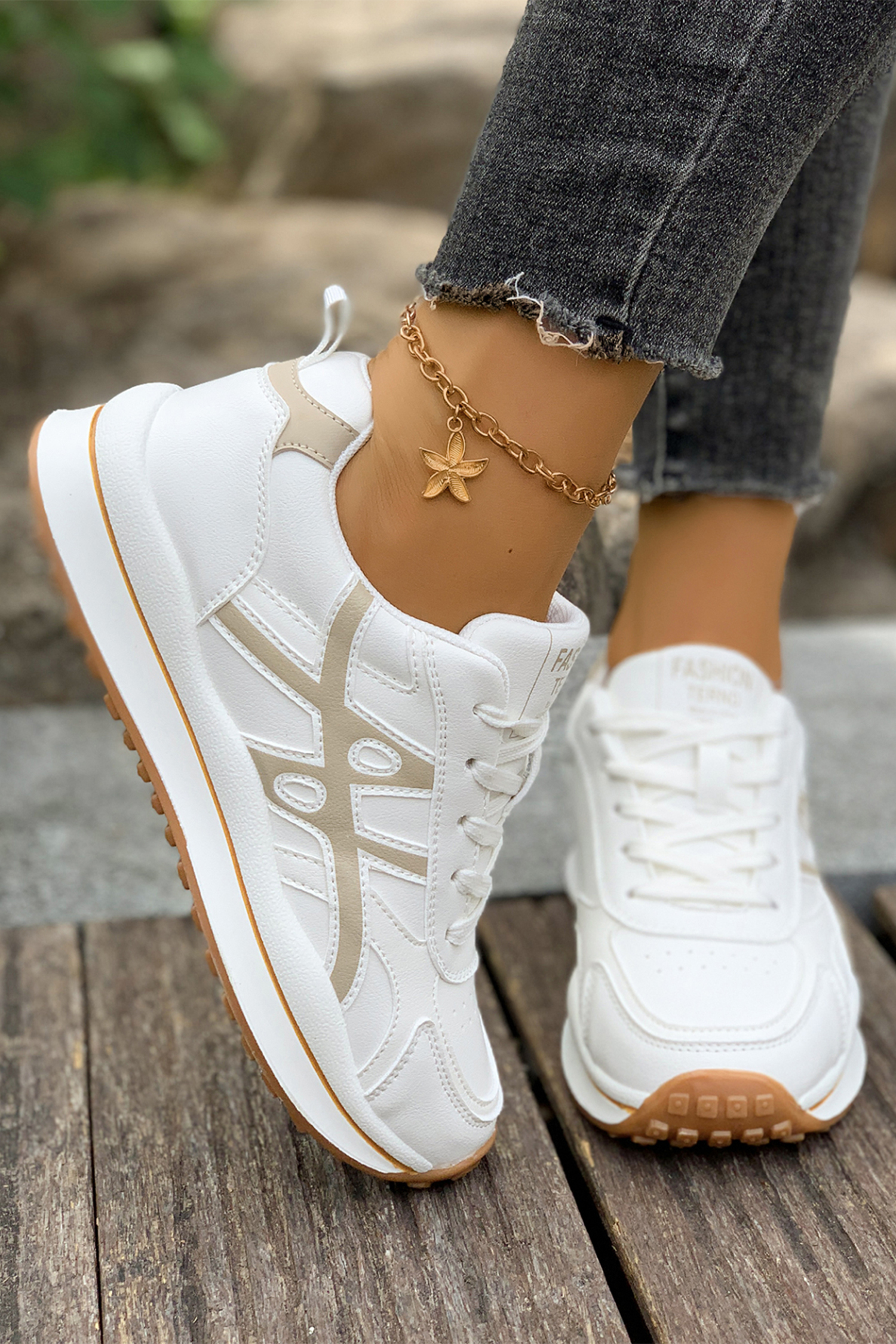 White Playful Contrast Color Detail Lace Up Womens Sneakers