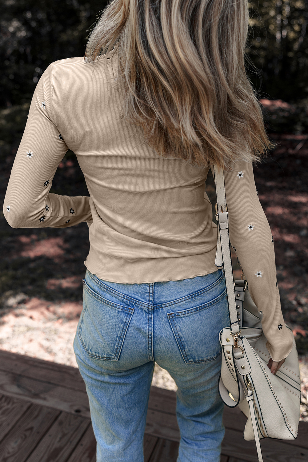 Jet Stream Floral Embroidered Detail Ribbed Long Sleeve Top
