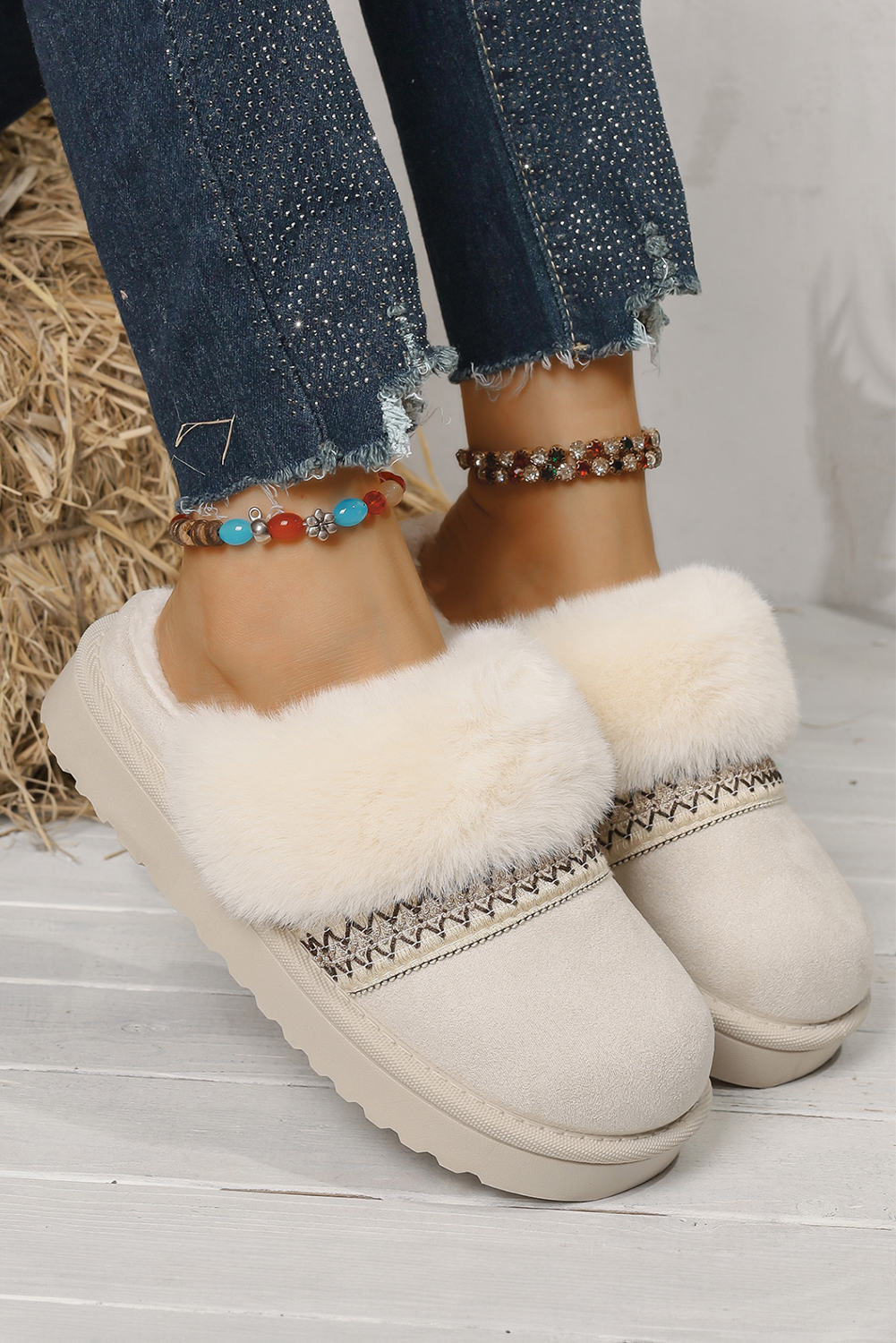 White Faux Suede Plush Trim Ethnic Mule Slippers