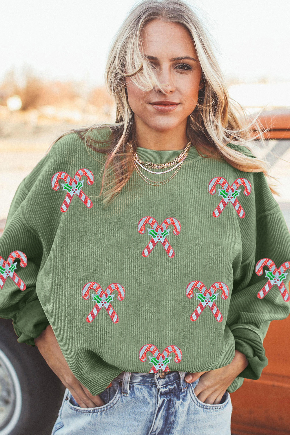 Grass Green Candy Cane Shimmer Patched Corded Baggy Sweatshirt