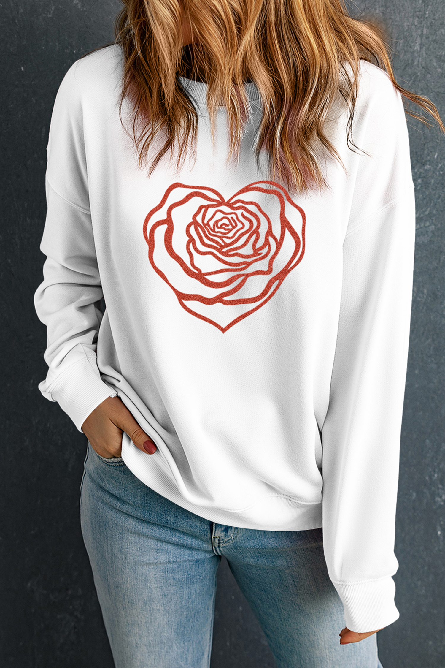 White Love Rose Shimmer Foil Printed Drop Shoulder Sweatshirt