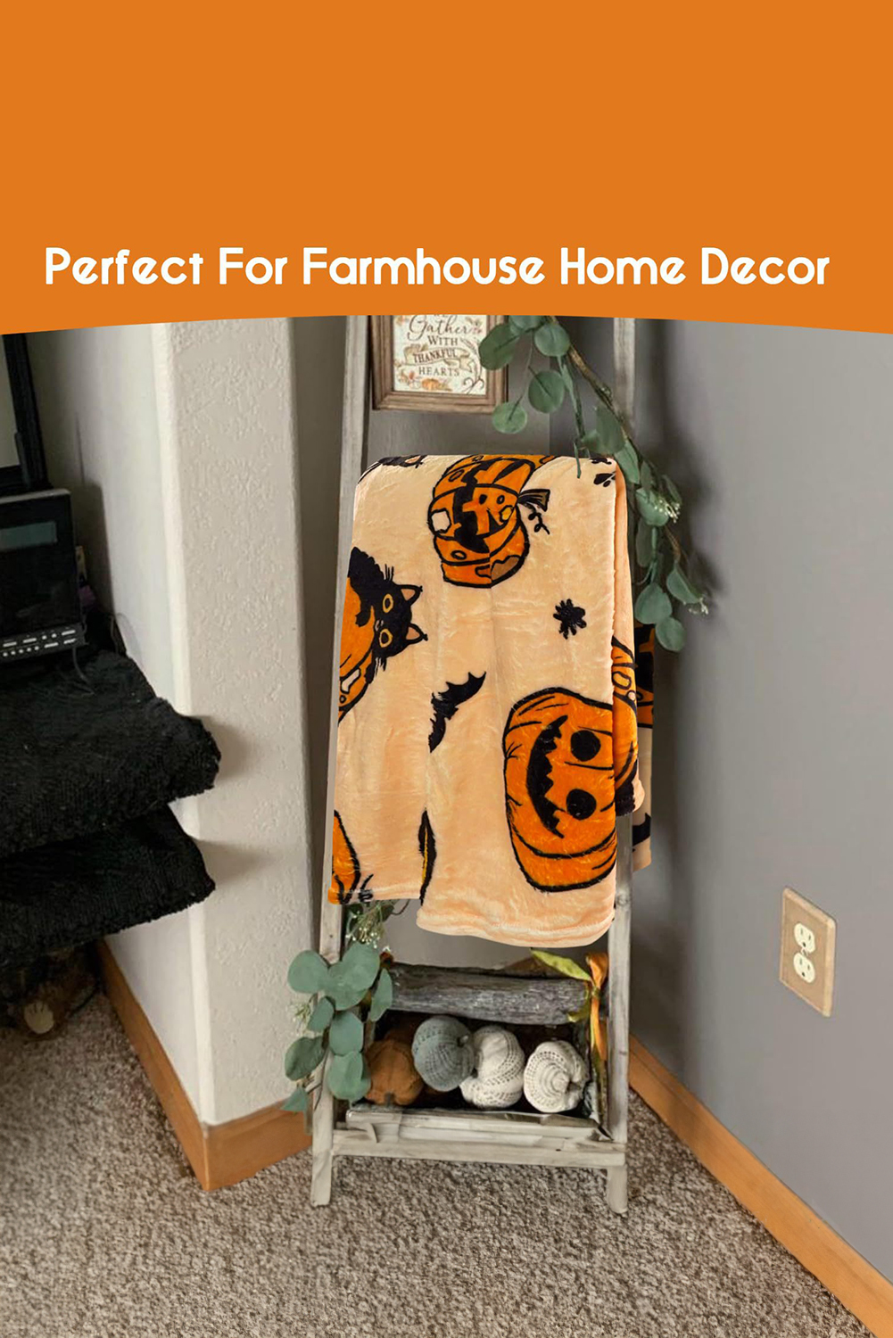 Russet Orange Halloween Pumpkin Cat Printed Fleece Blanket