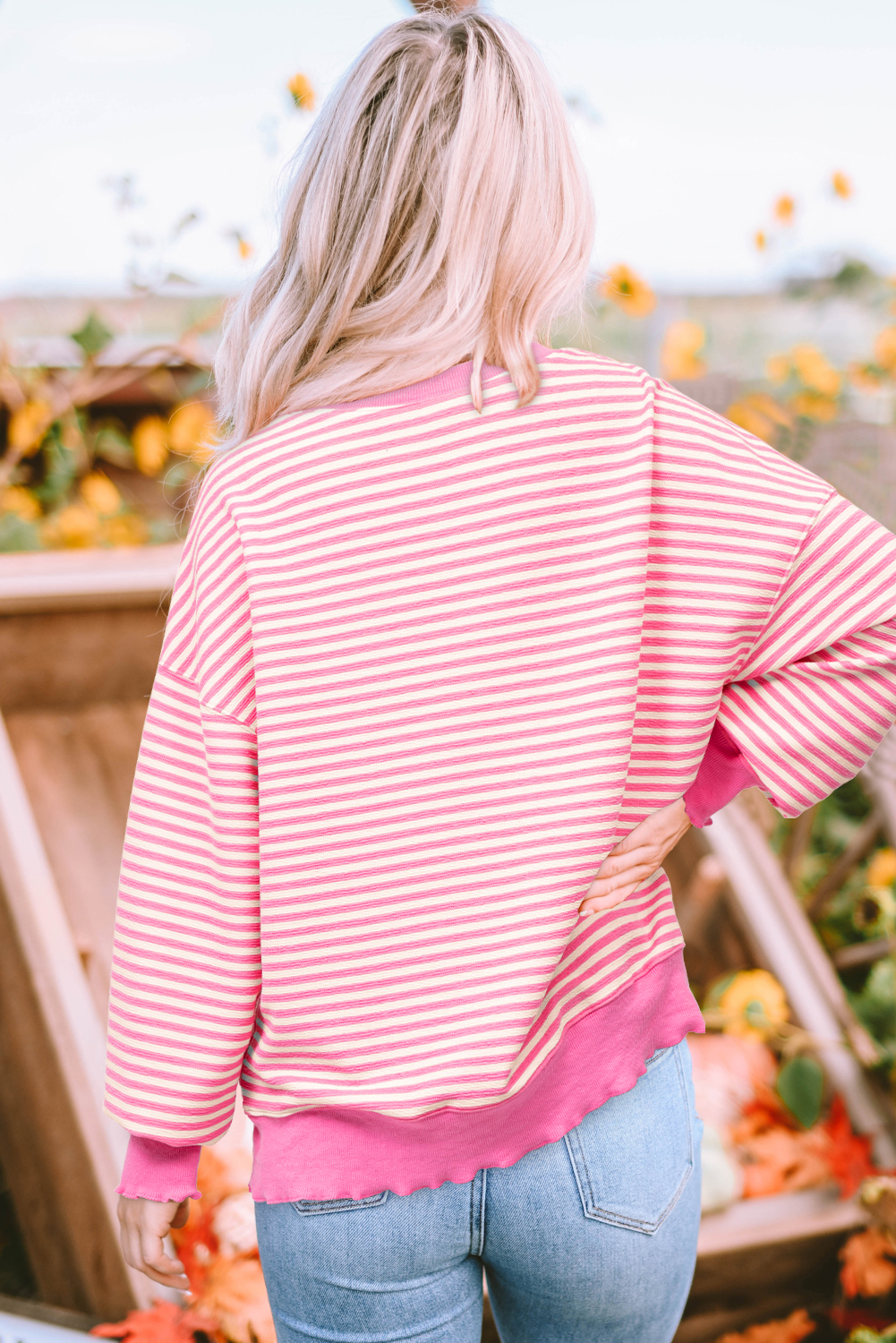 Pink Stripe Chenille Easter Rabbit Patched Pattern Drop Shoulder Top