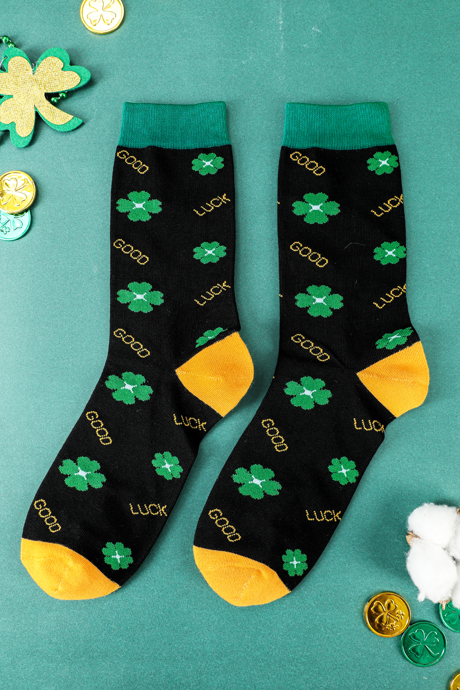 Dark Green GOOD LUCK St Patrick Clover Color Block Socks 