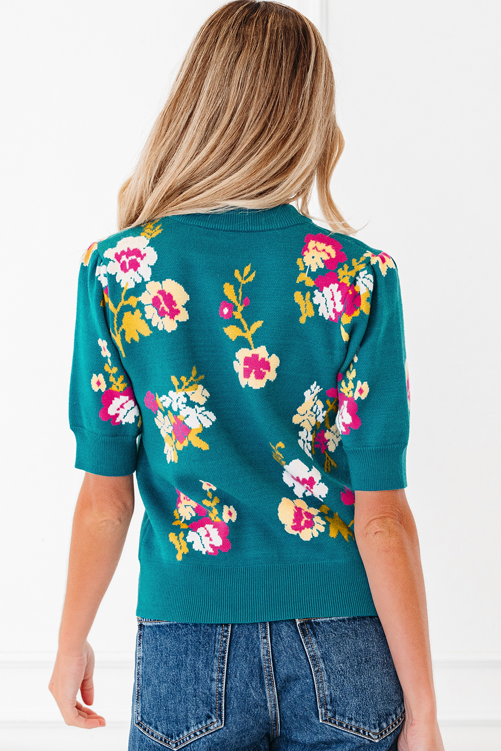 Blue Flower Pattern Mock Neck Short Sleeve Knitted T Shirt