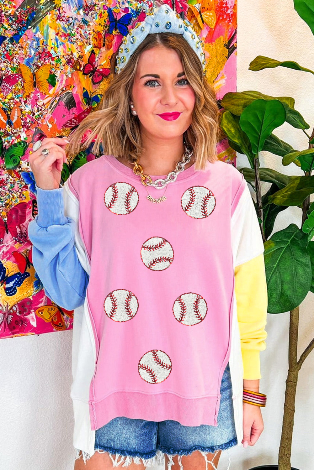 Bonbon Color Block Patchwork Sequin Baseball Patched Sweatshirt