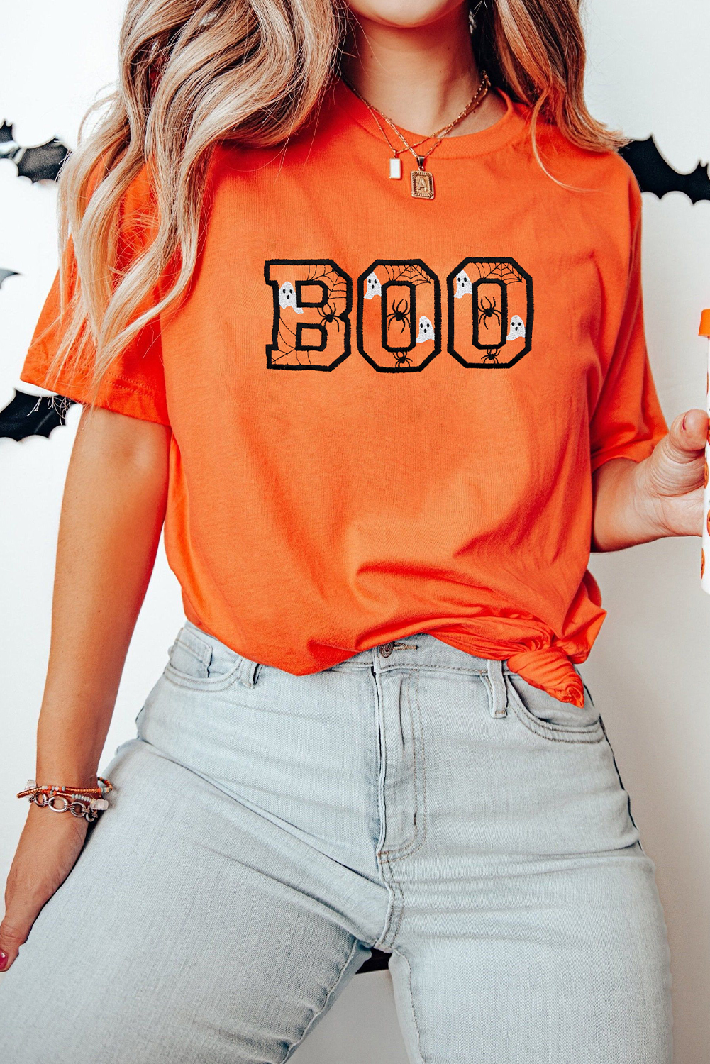 Orange BOO Halloween Ghost Spider Embroidered Graphic Tee
