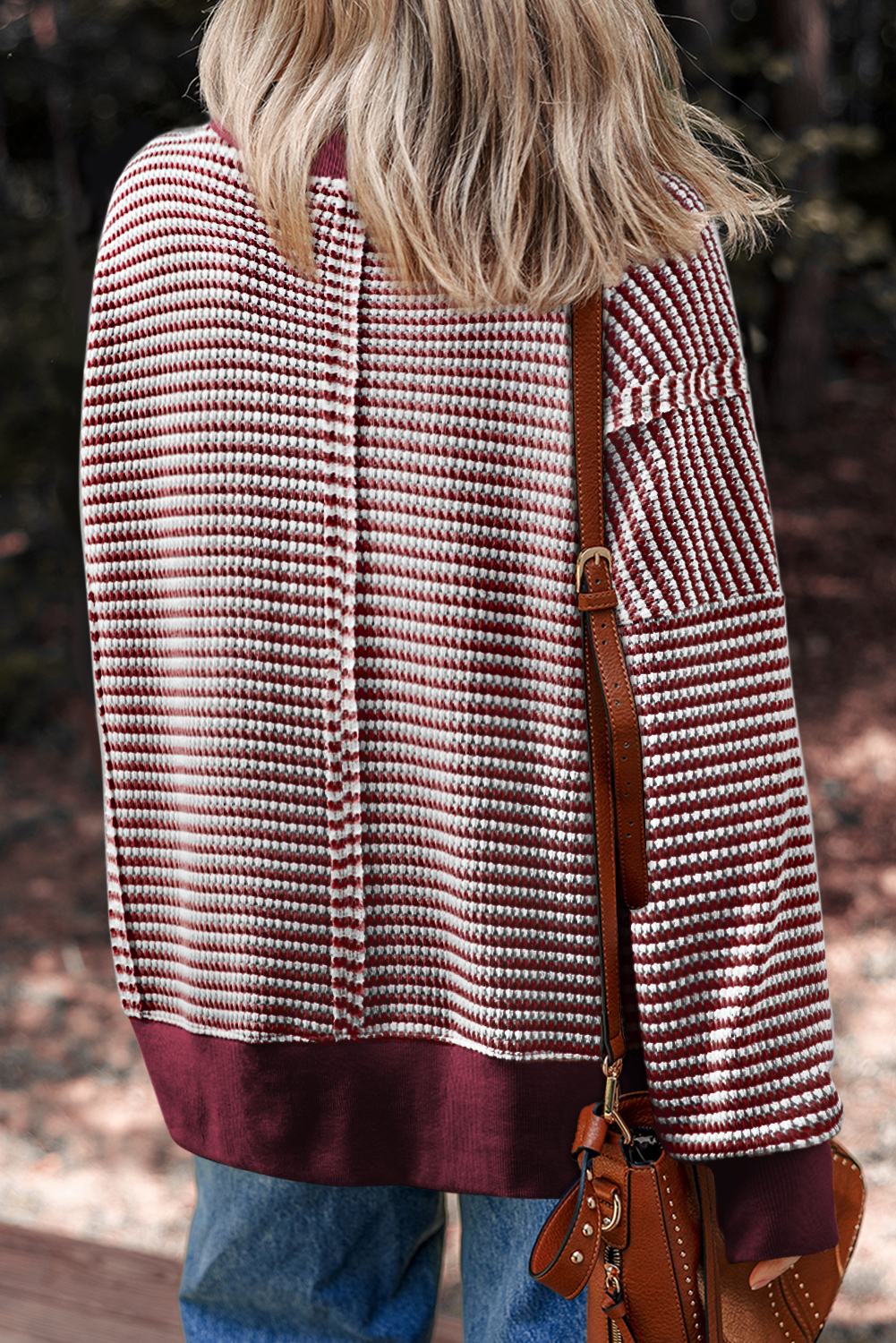 Red Stripe Ribbed Trim Drop Shoulder Long Sleeve Oversize Top