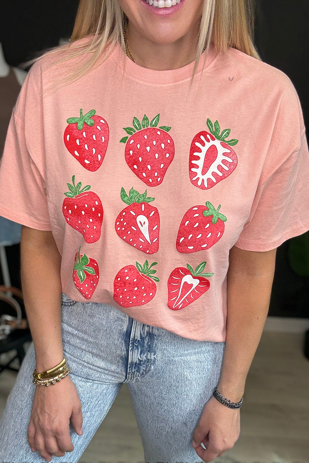Pink Strawberry Fruit Pattern Graphic Tee