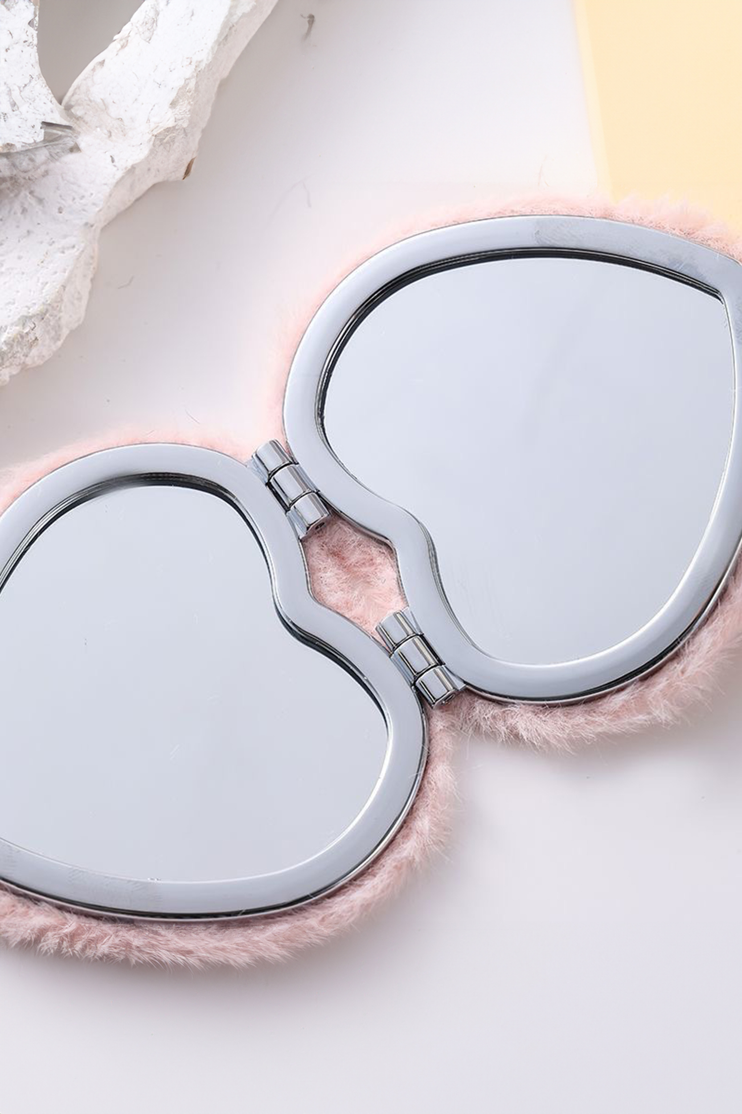Pink Heart Shape Double Sides Fluffy Cute Mini Cosmetic Mirror