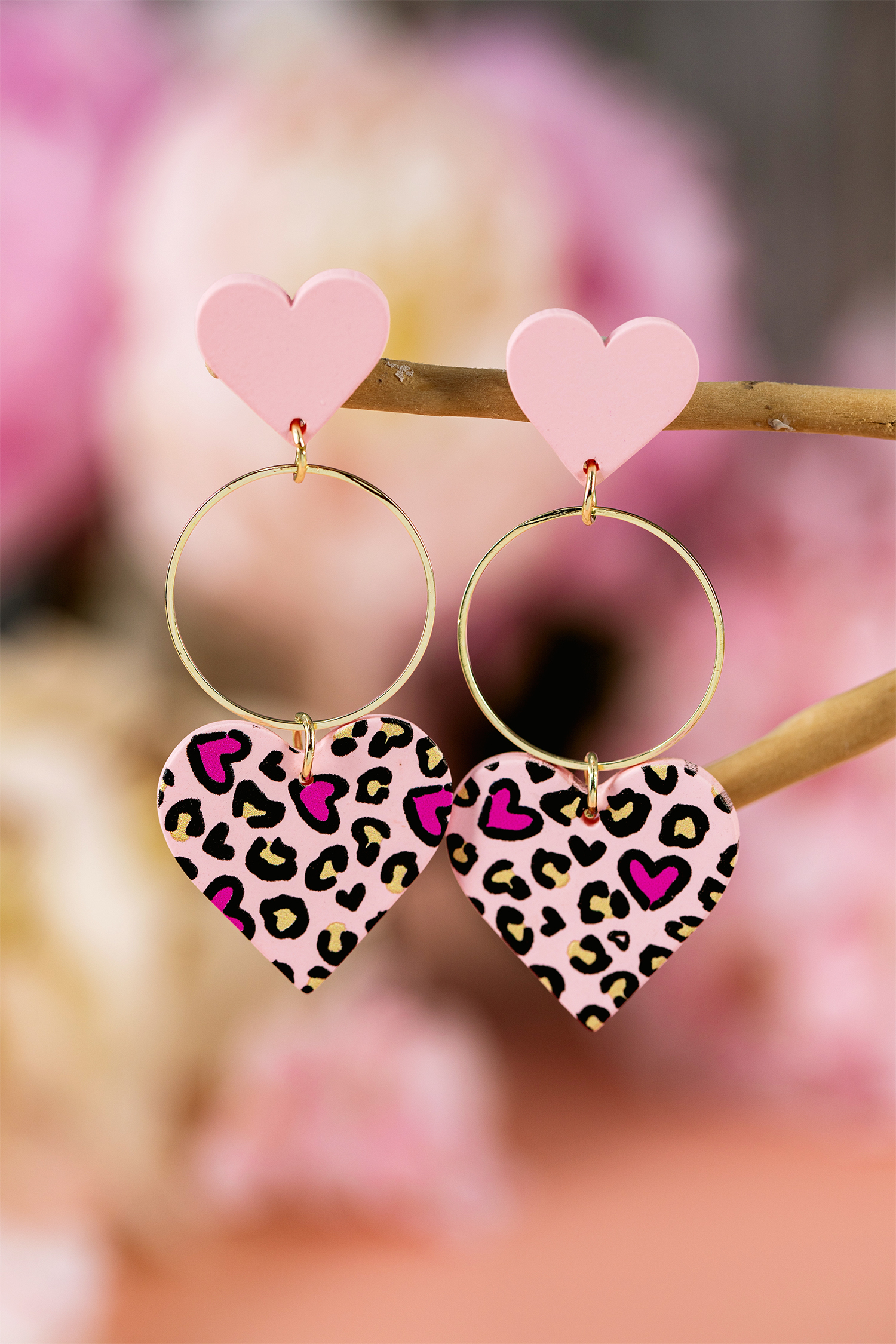Pink Leopard Double Heart Golden Hoop Dangle Earrings