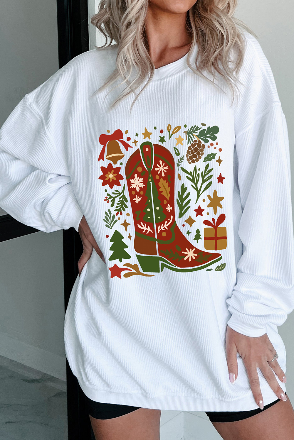 White Christmas Leafy Boot Printed Corded Rib Drop Shoulder Sweatshirt
