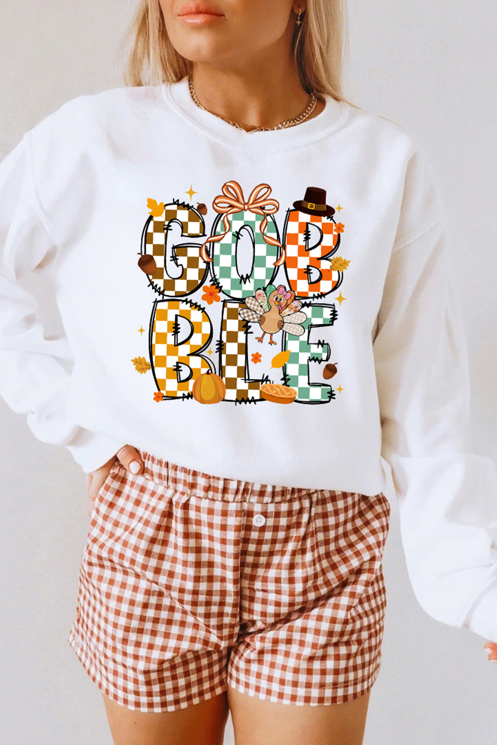 White GOBBLE Checkered Letter Print Thanksgiving Turkey Graphic Sweatshirt
