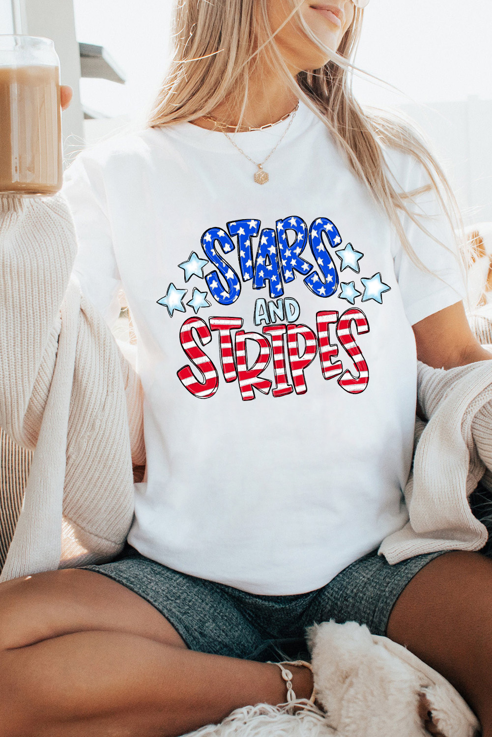 White Stars and Stripes Round Neck Graphic T Shirt
