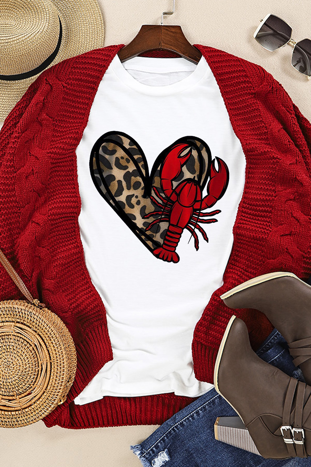White Crawfish Leopard Heart Print Crewneck Tee