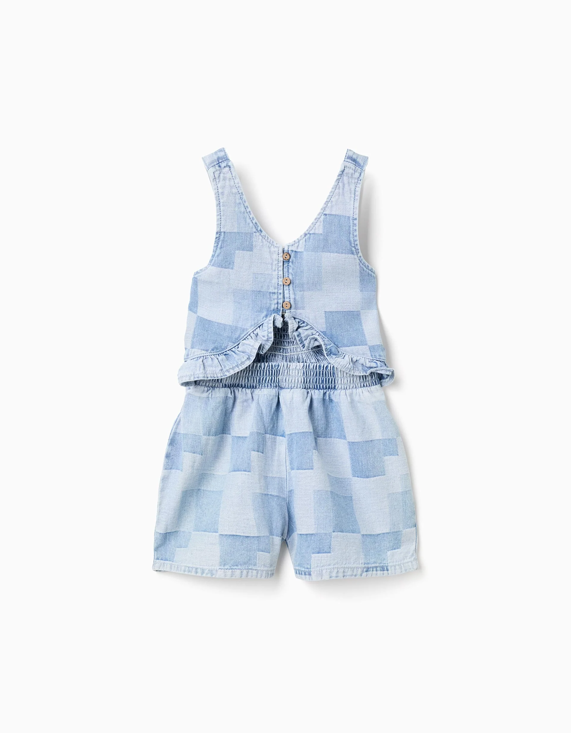 Denim playsuit with checkered pattern and ruffles for girls, blue