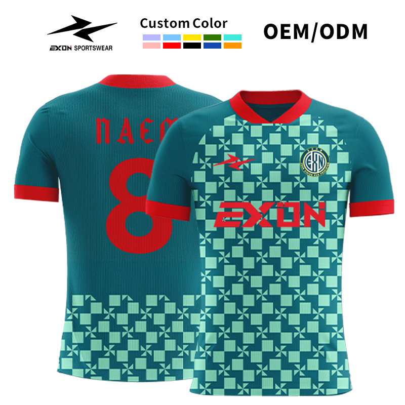 Geometric Emerald Mosaic Soccer Shirt with Crimson Accents