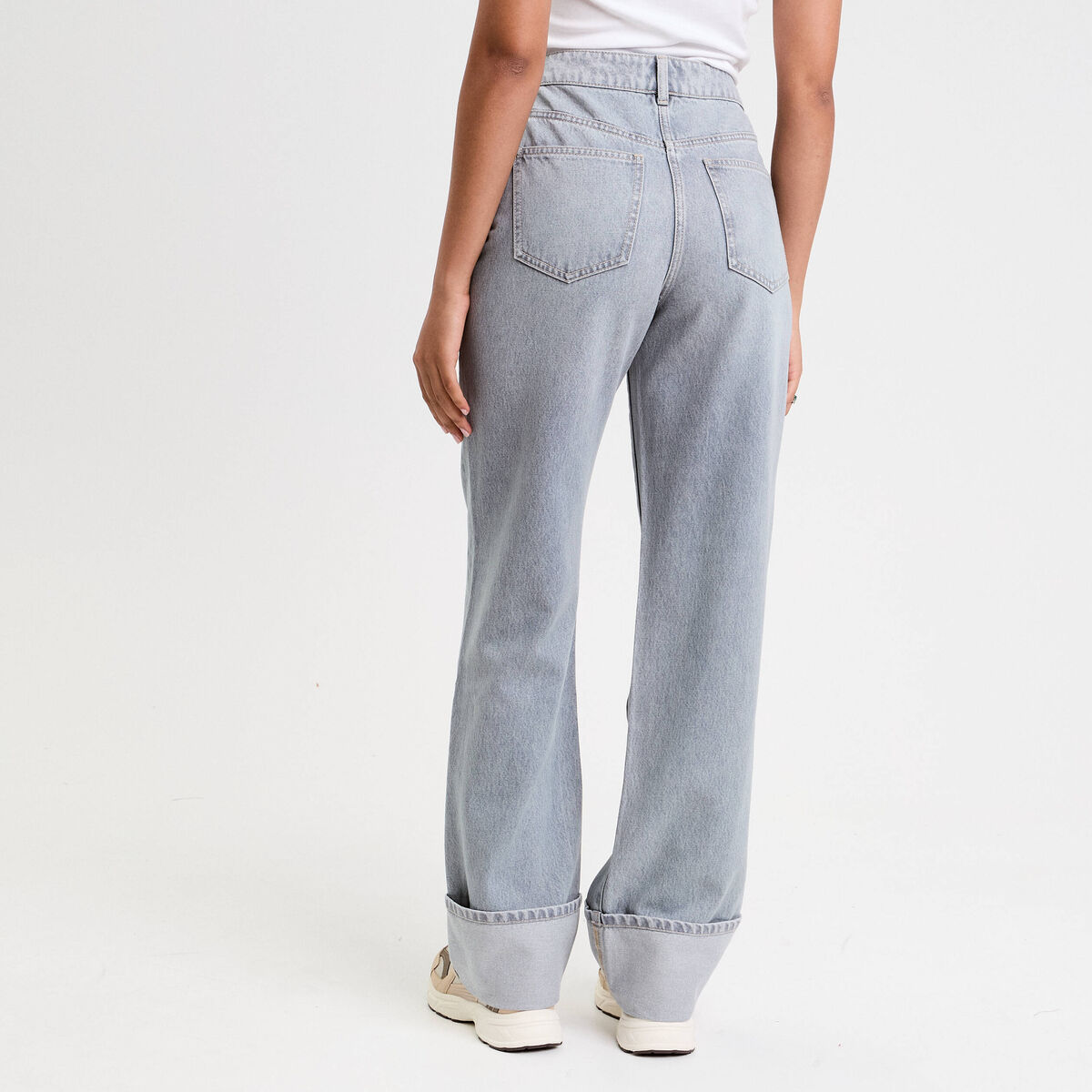 Jeans droit à revers denim gris femme