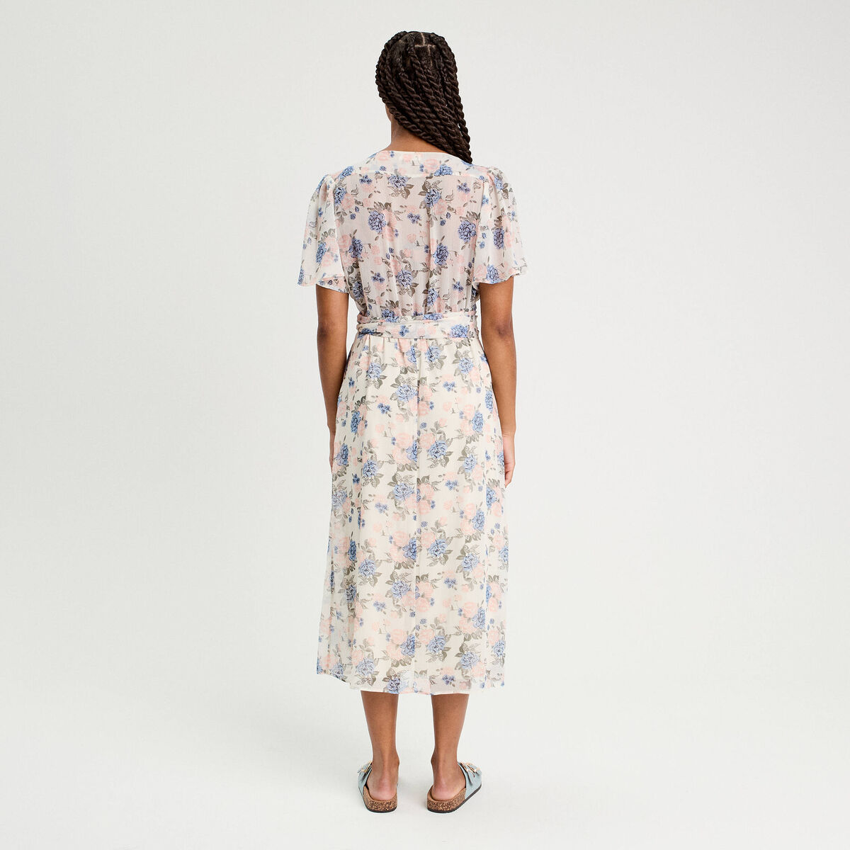 Robe midi évasée col en V blanc femme