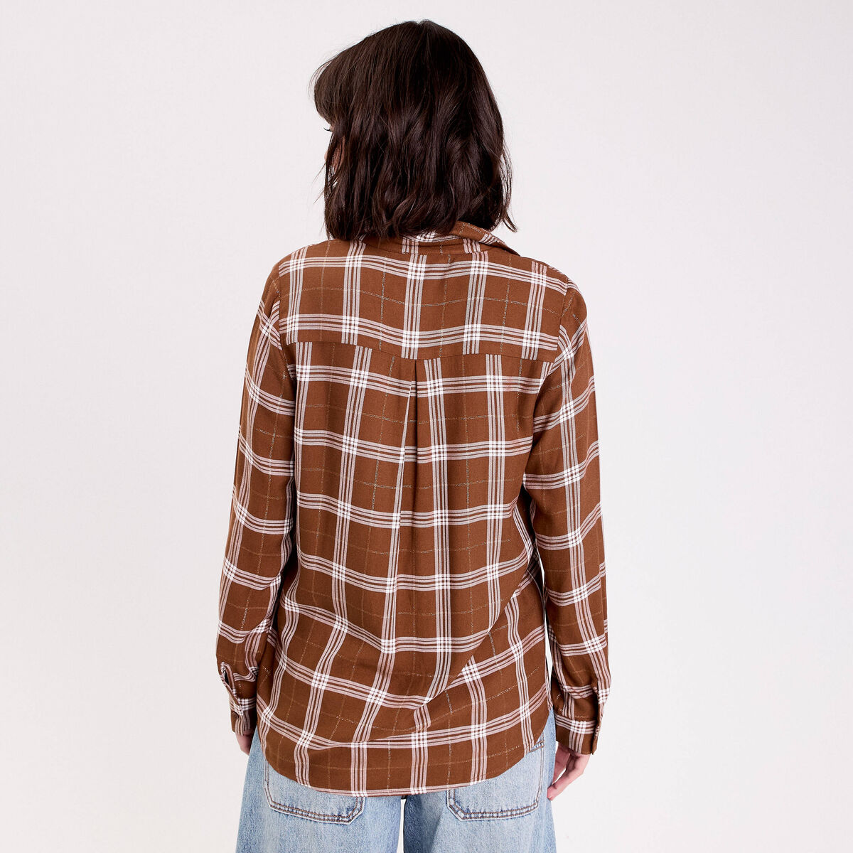 Chemise à carreaux fils métallisés marron femme