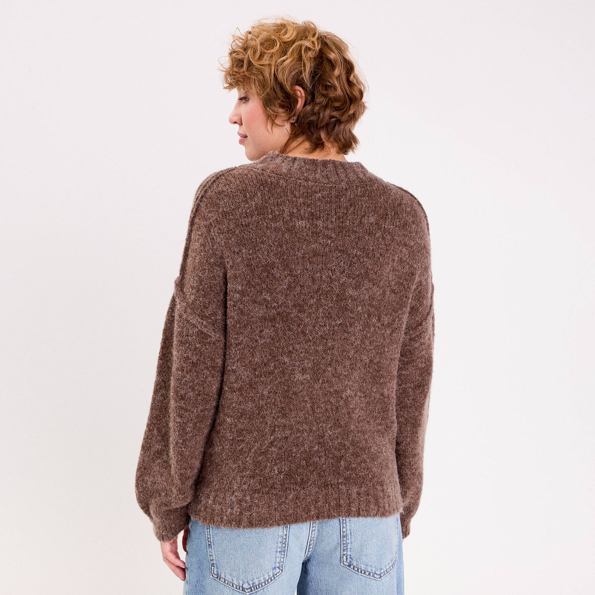 Pull oversize col rond manches longues marron clair femme