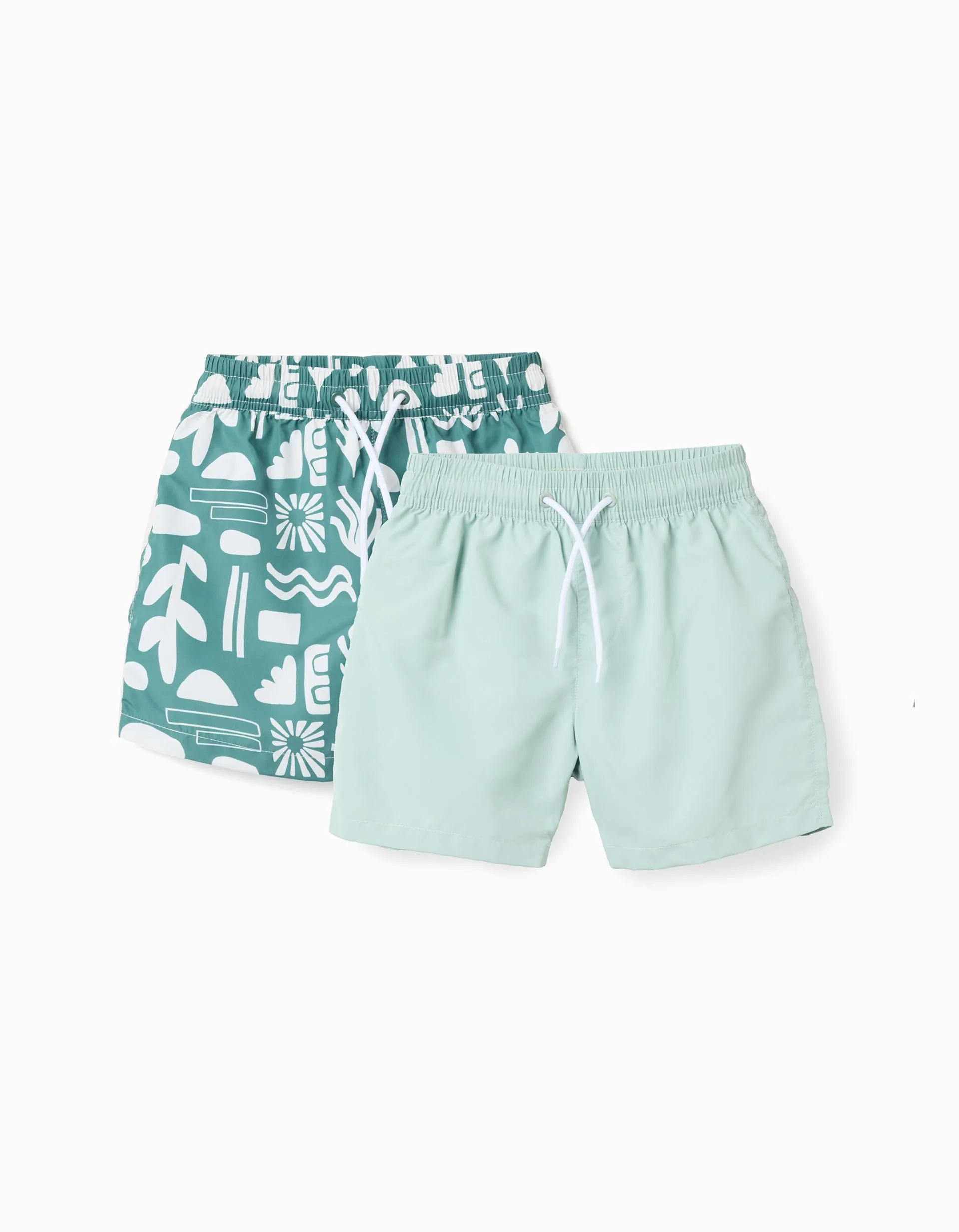 Pack of 2 plain/printed swim shorts with drawstring for boys, green