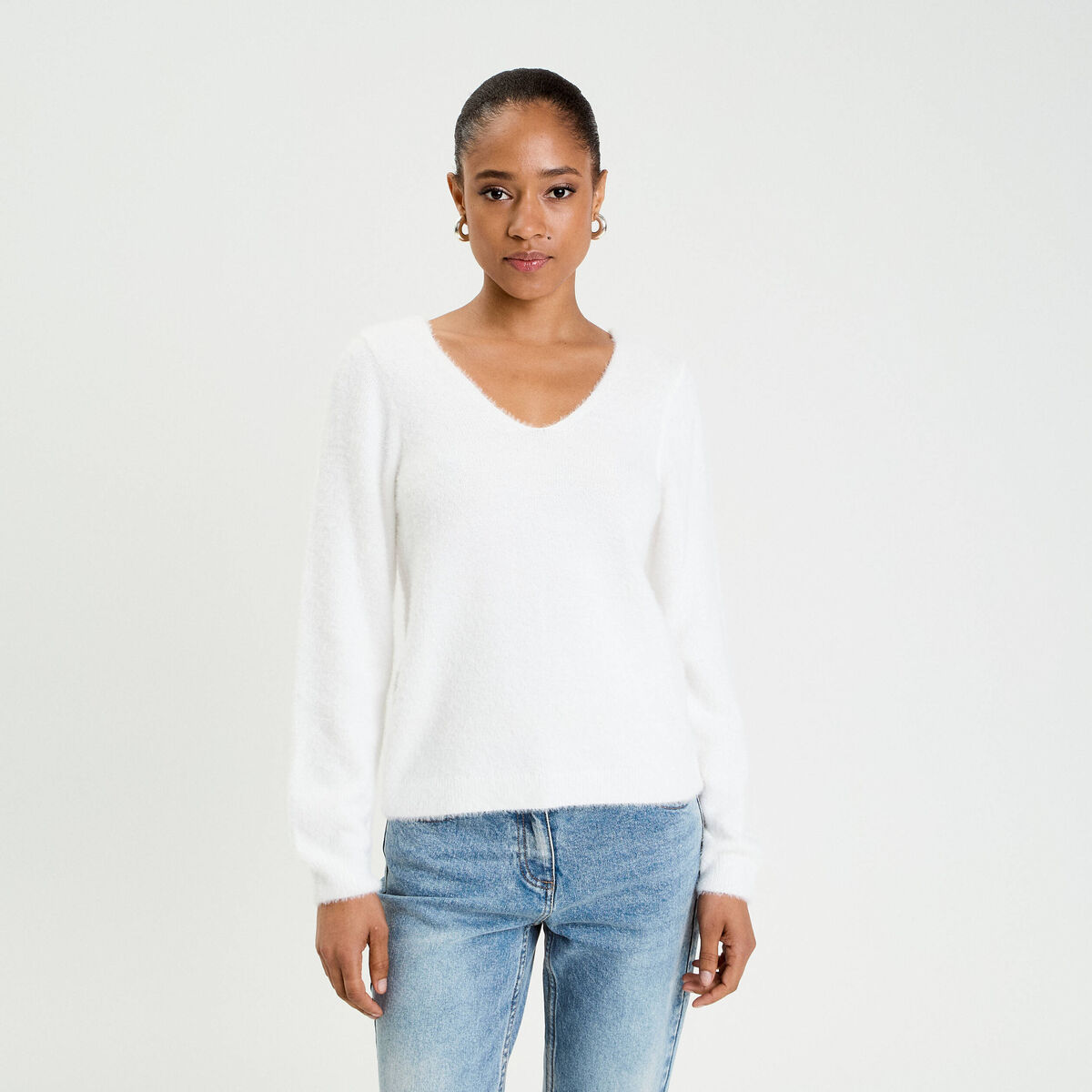 Pull détails coeur ecru femme