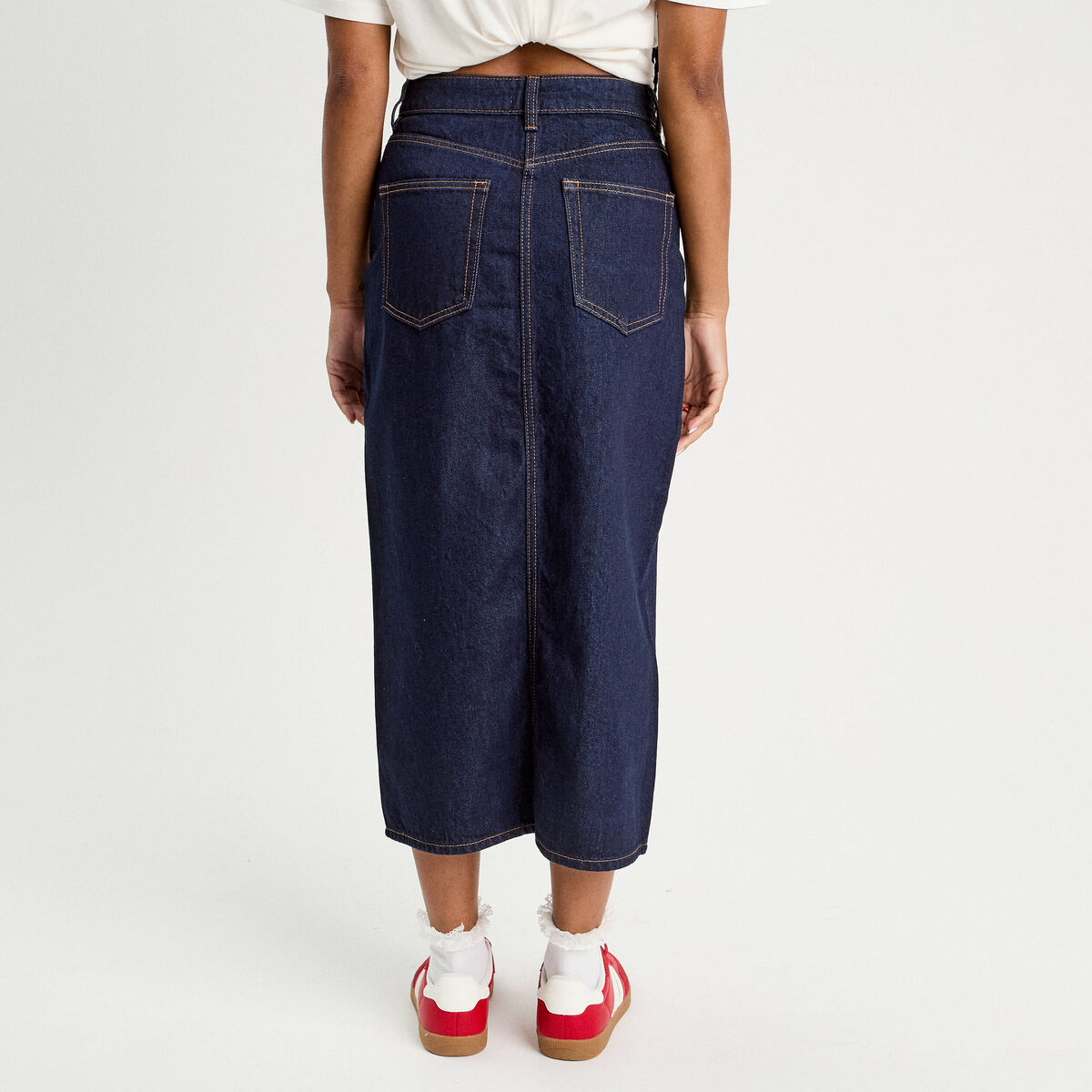 Jupe midi droite en jean denim brut femme