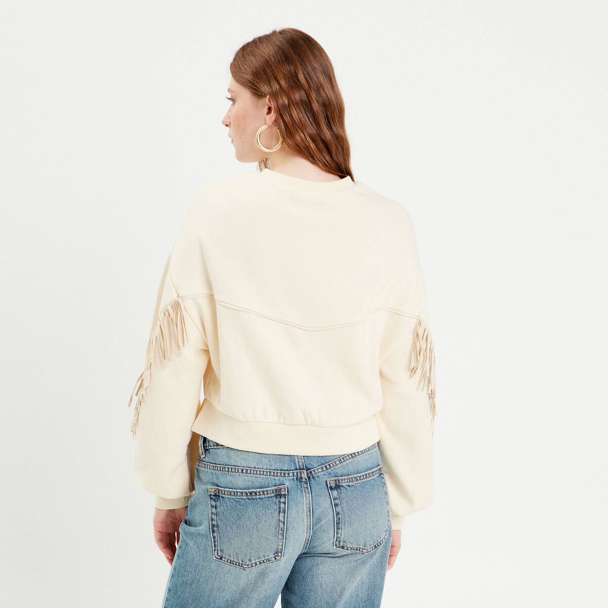 Sweat avec franges ecru femme