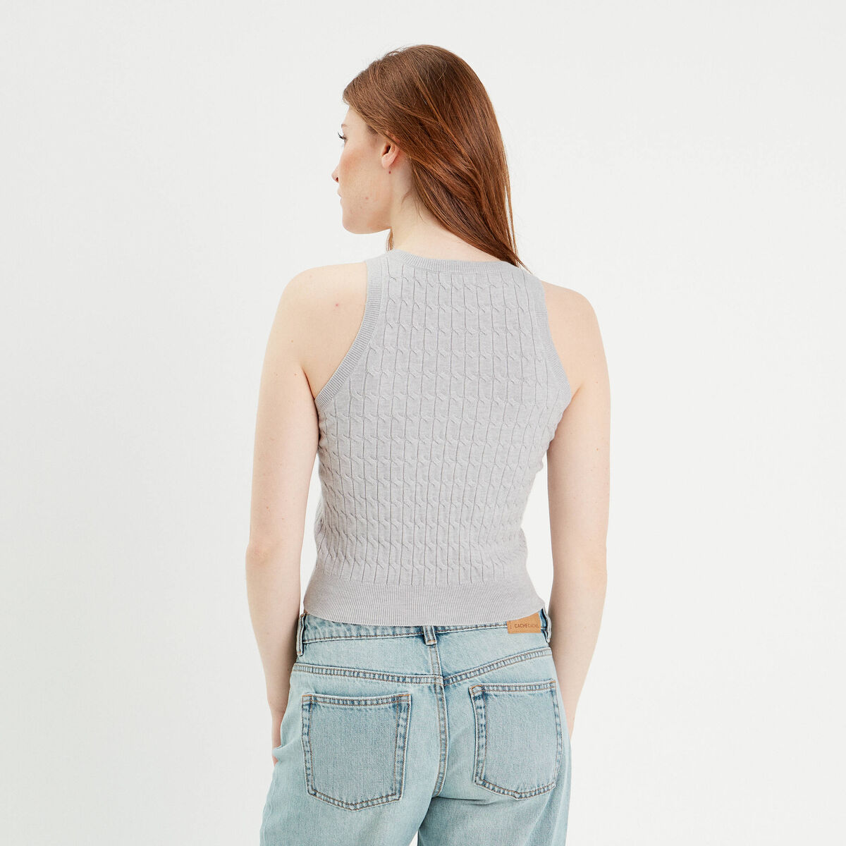 Débardeur tricot torsades gris clair femme