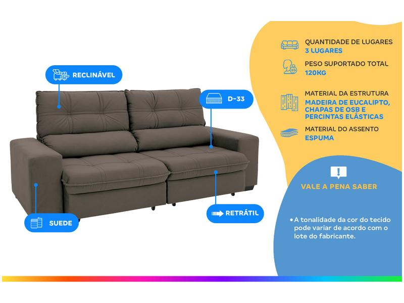 Sofá Retrátil Reclinável 3 Lugares Suede Brunello Linoforte