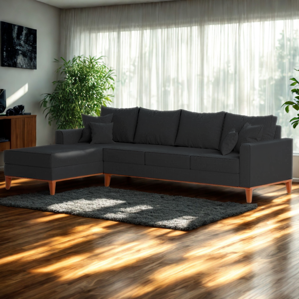 Sofá Beny 4 Lugares com Chaise Base Madeira Linho Grafite Lado Esquerdo Império Estofados