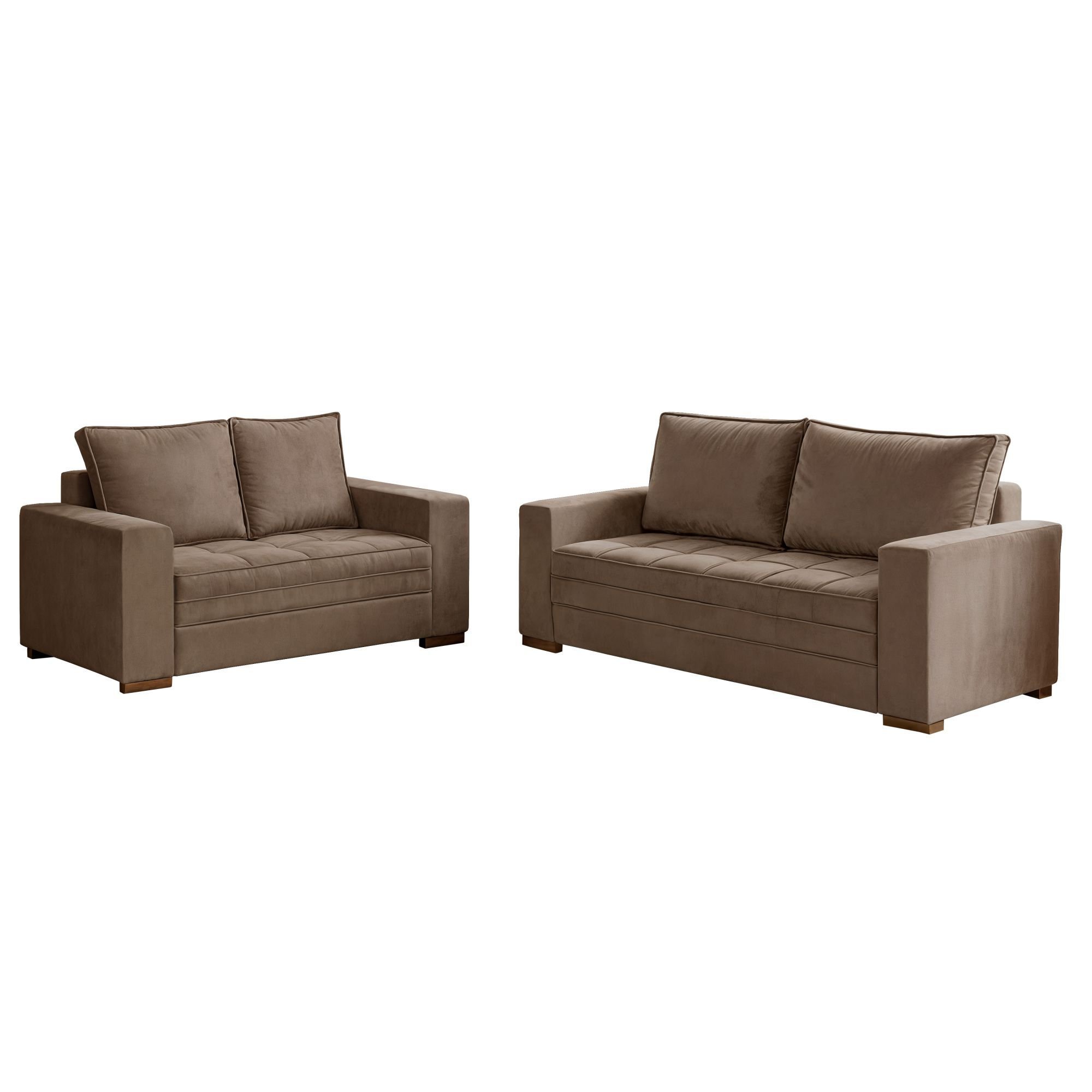 Conjunto Sofá 3 e 2 Lugares Classico Suede Bege Urban Pés Madeira