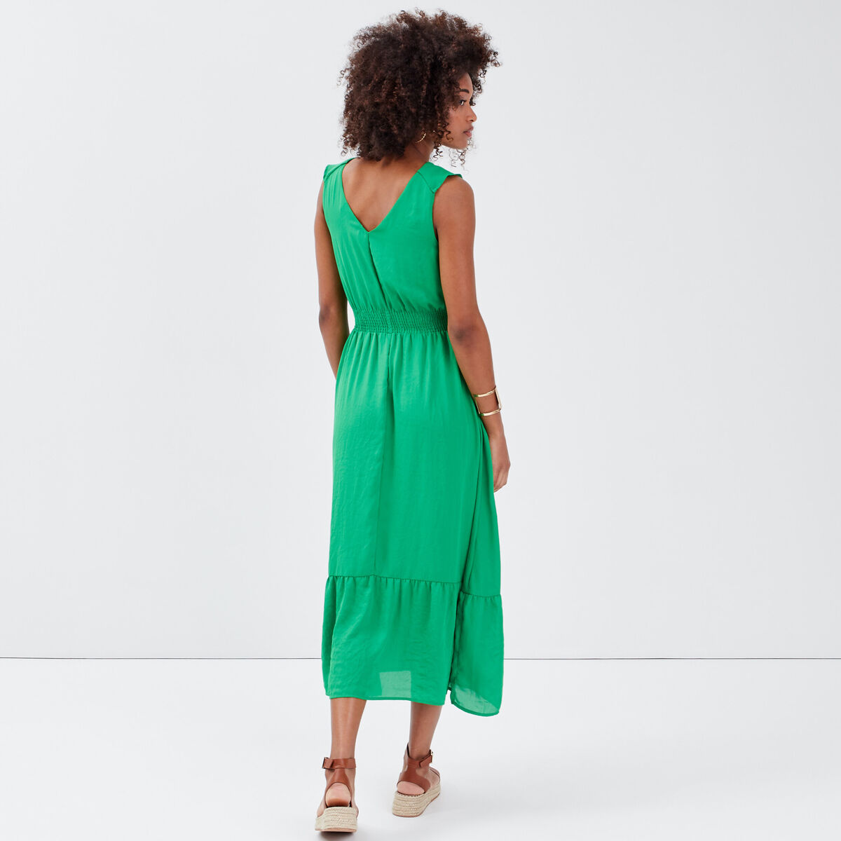 Robe longue évasée volantée vert menthe femme
