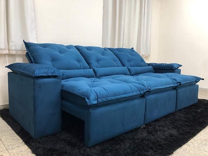 Sofá Retrátil e Reclinável 2,70m em Tecido Veludão C/pillow Nos Braços Athenas:azul/270cm