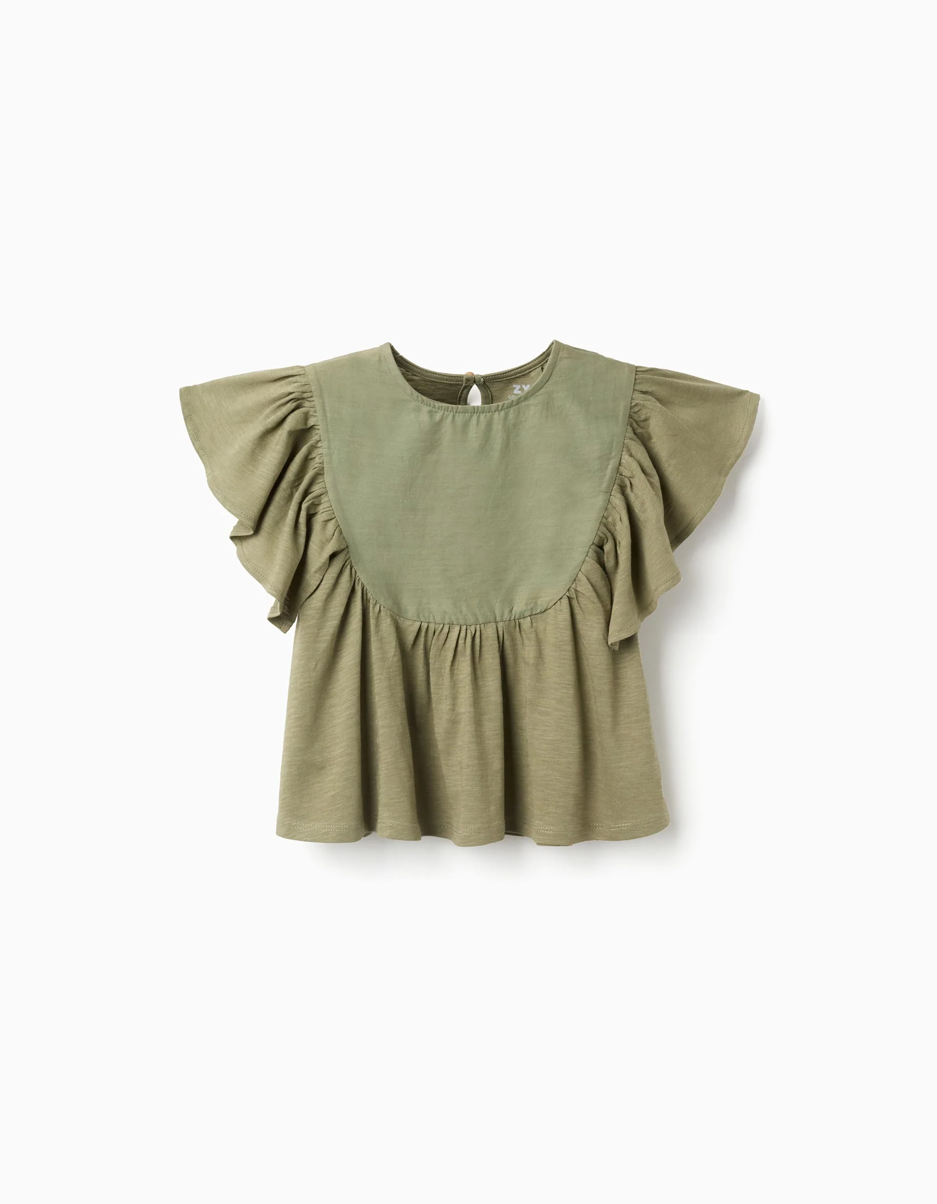 Cotton T-shirt with ruffled sleeves for girls, dark green