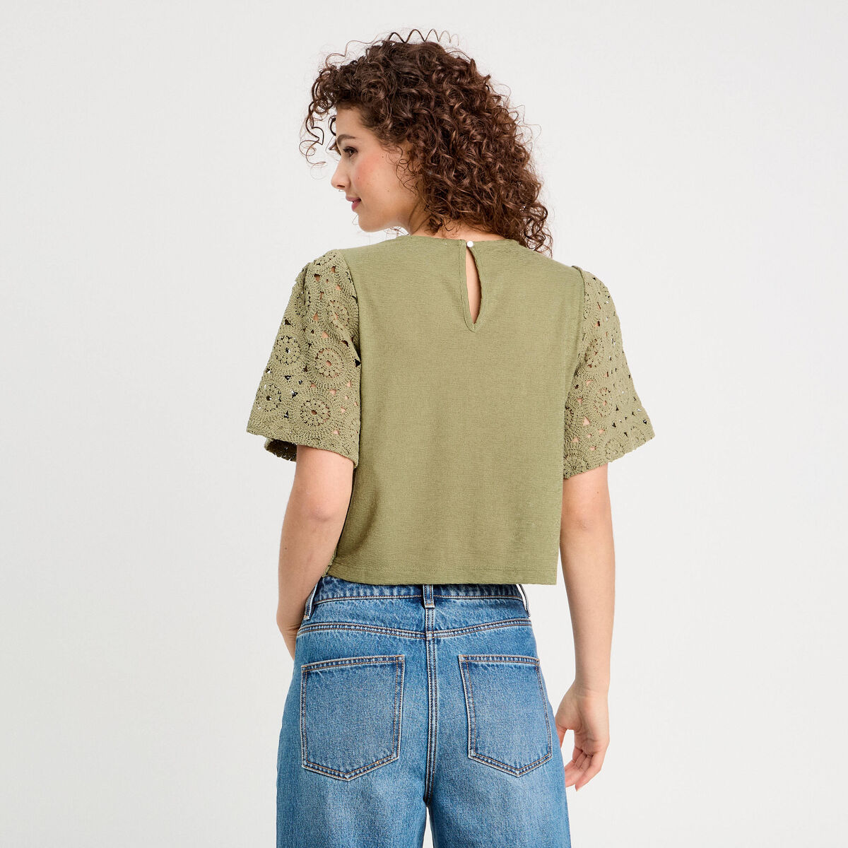 T-shirt macramé col rond vert kaki femme