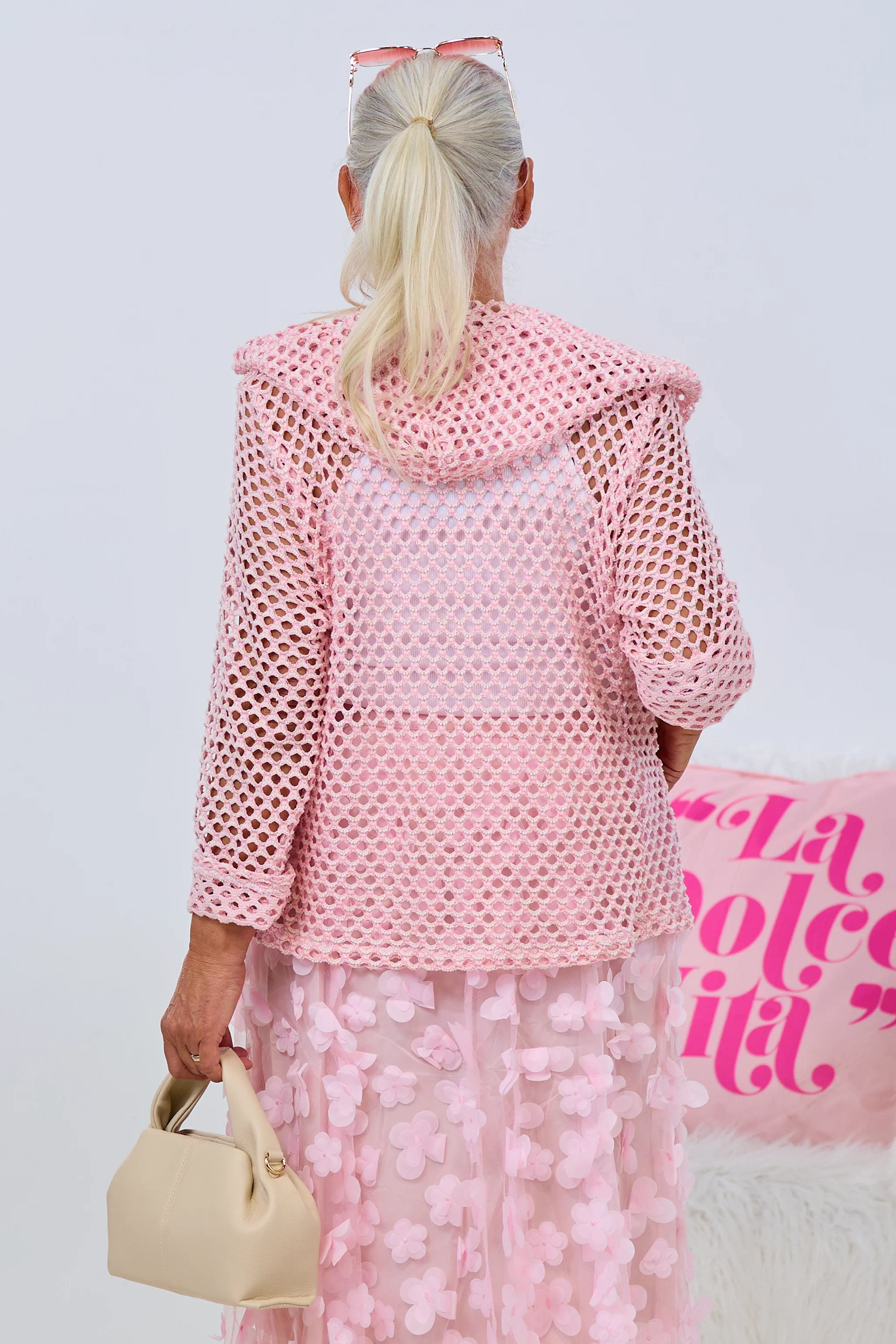 Lochstrick Kapuzenblazer, rosa-ecru