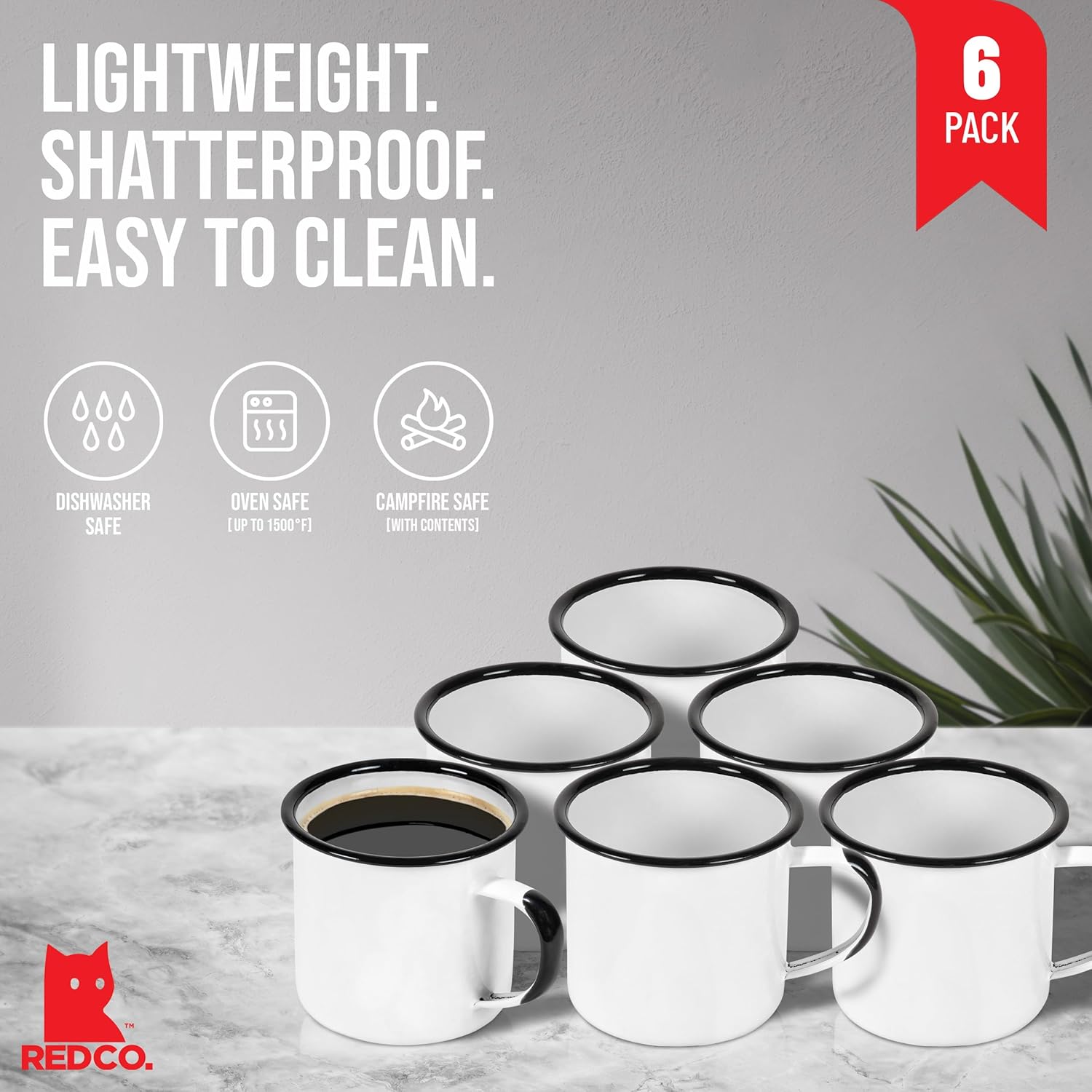 Set of 6 Enamelware Metal Medium Classic 12 Oz Round Coffee and Tea Mug with Handle  Distressed White/Black Rim