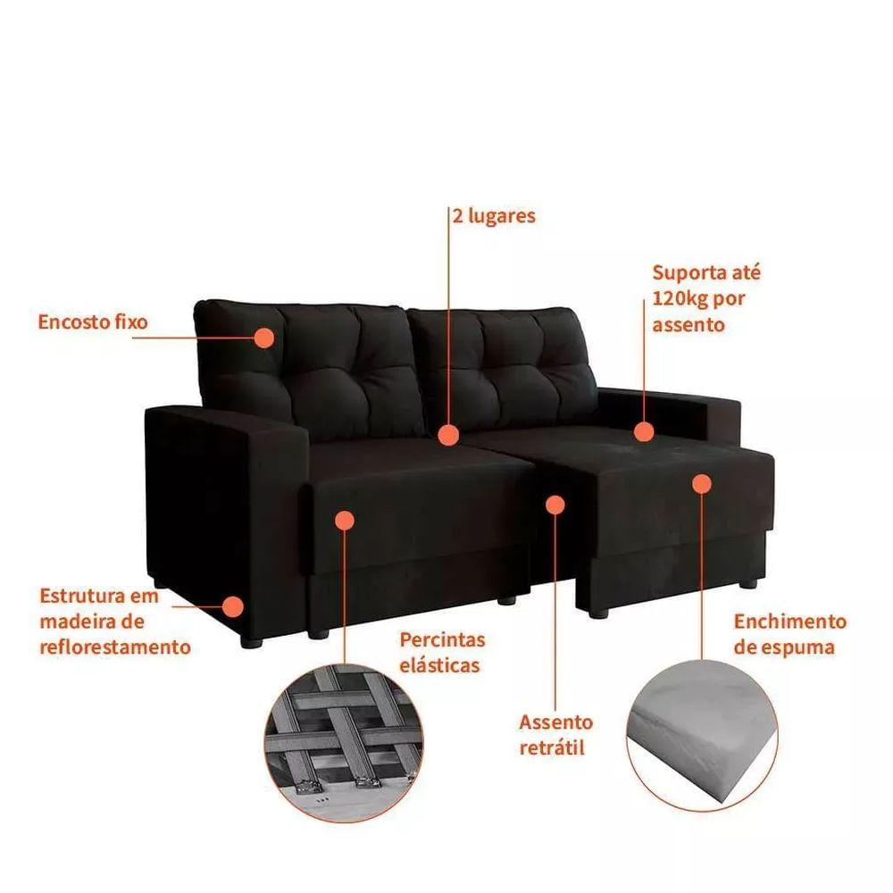 Sofá 2 Lugares Retrátil Lubeck Suede Preto 140cm em Promoção | Ofertas na Americanas