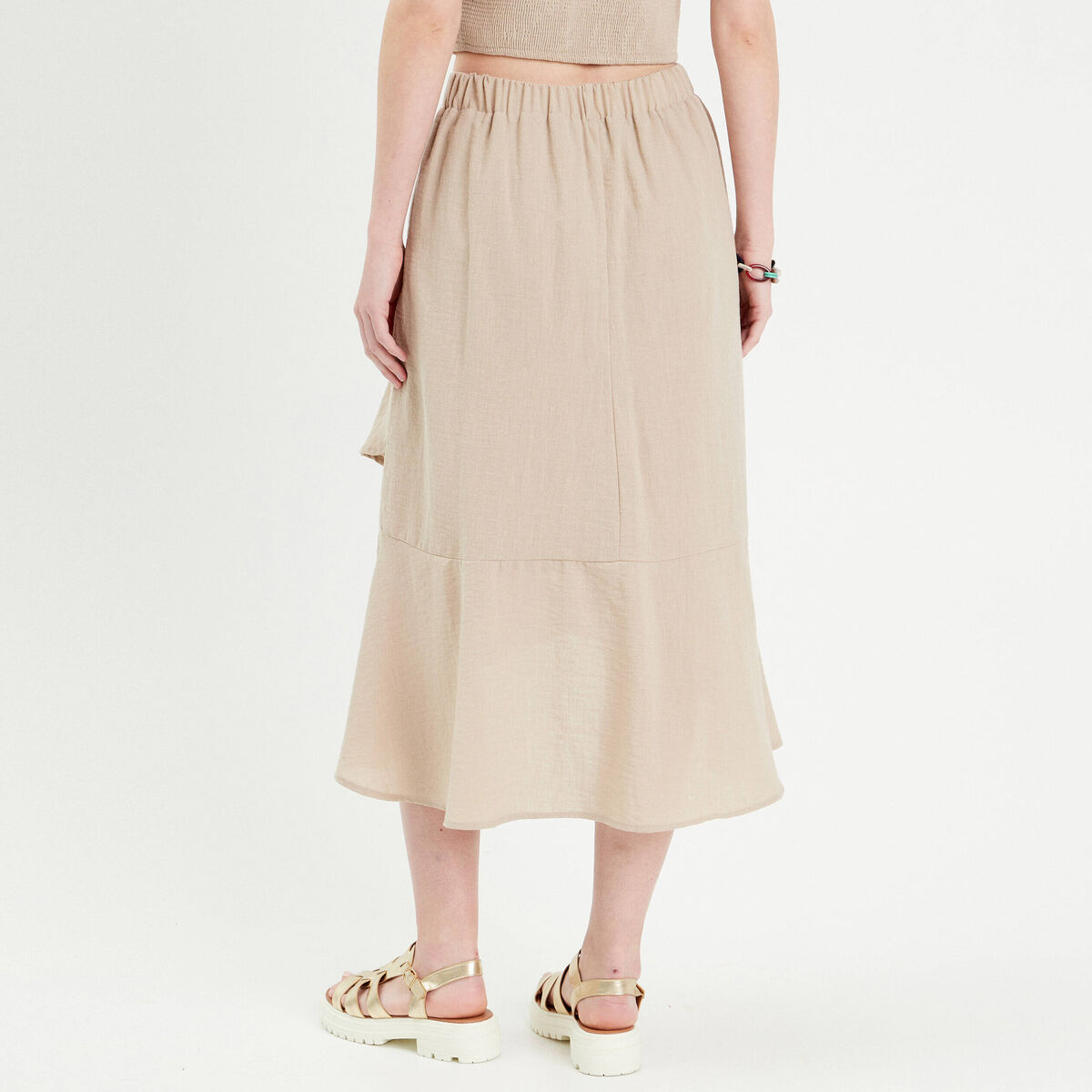 Jupe longue trapèze volants beige femme