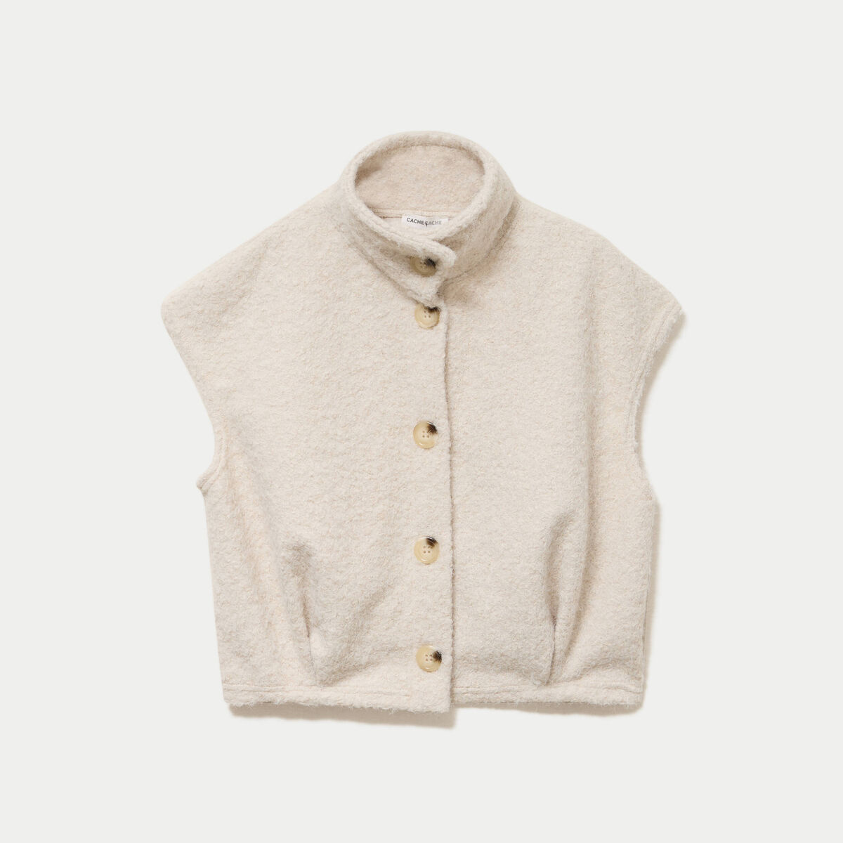 Veste bouclette sans manches col montant sable femme