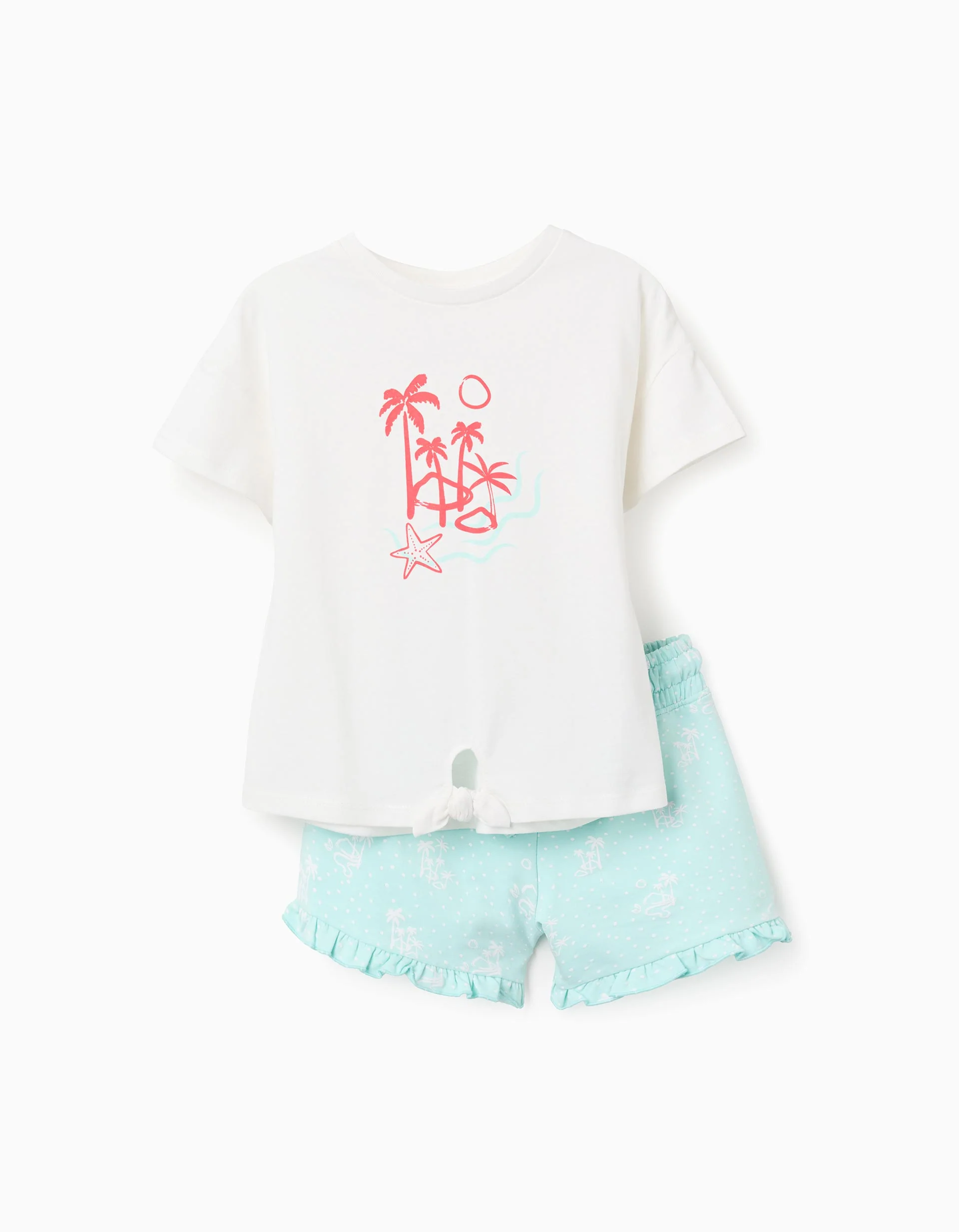 Cotton T-shirt + shorts with palm trees prints for girls, white/blue