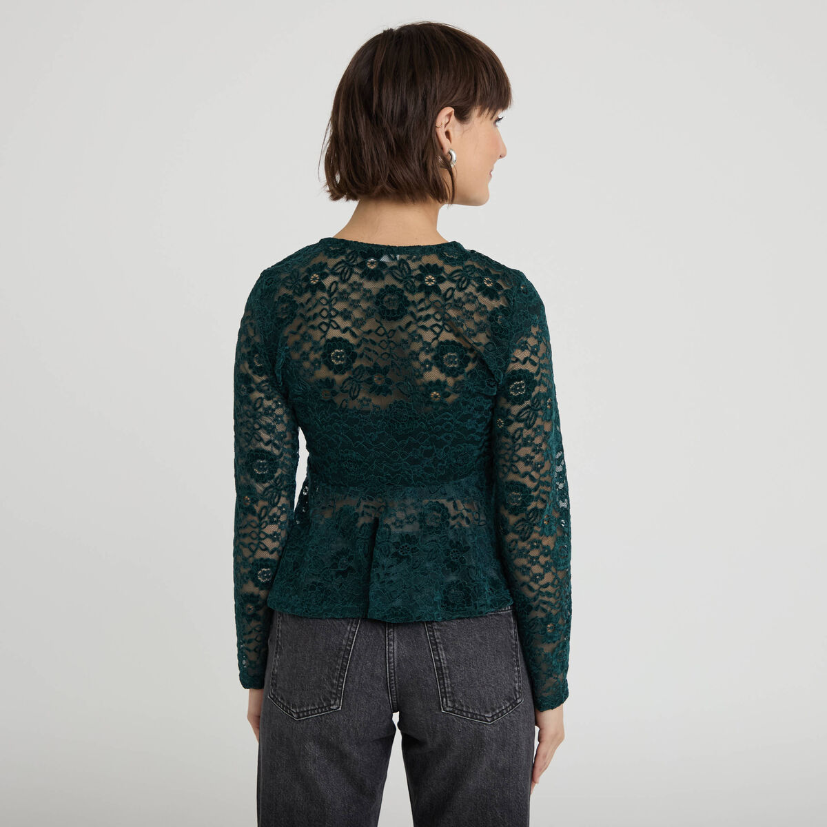 Blouse péplum dentelle vert foncé femme