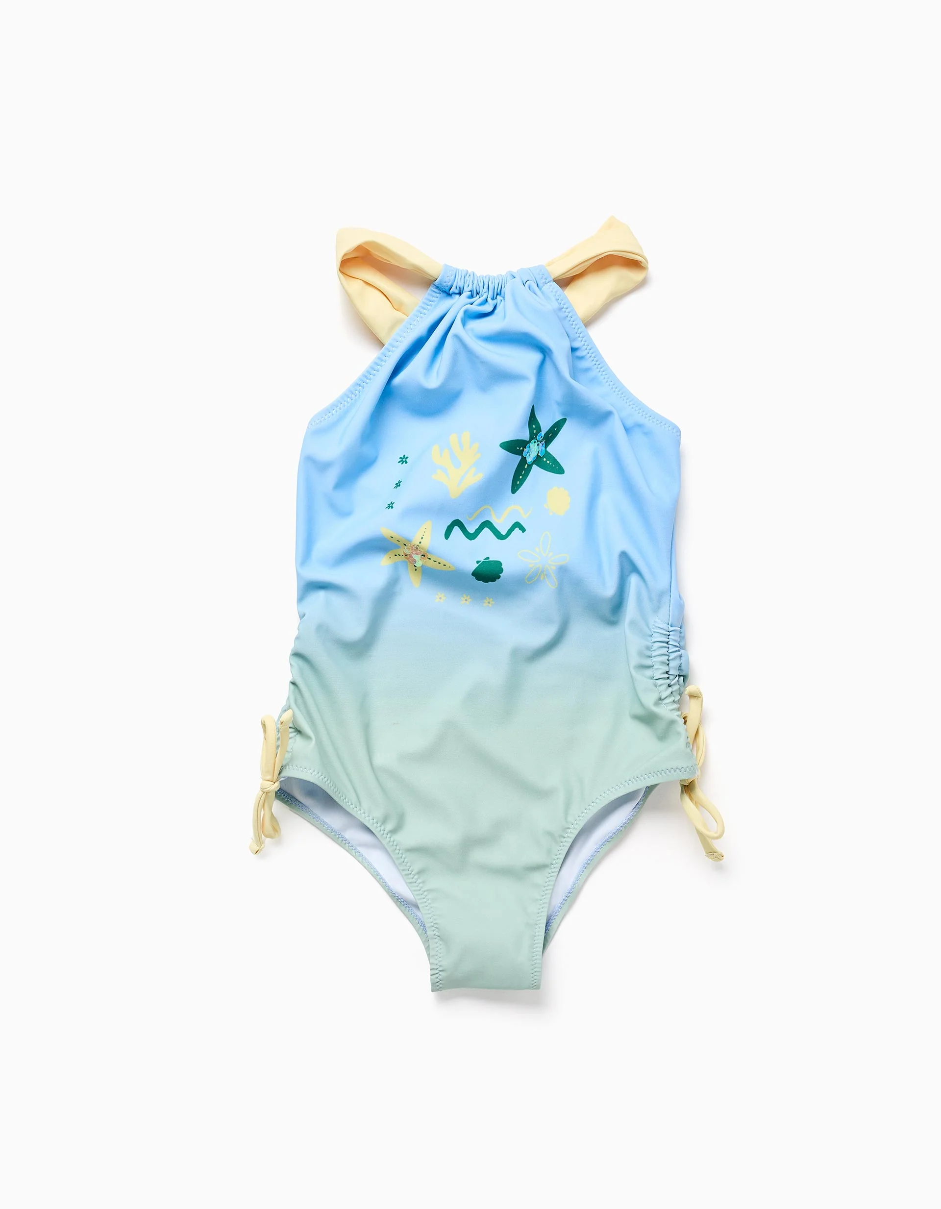 Swimsuit with marine print and sequins for girls, blue/green/yellow