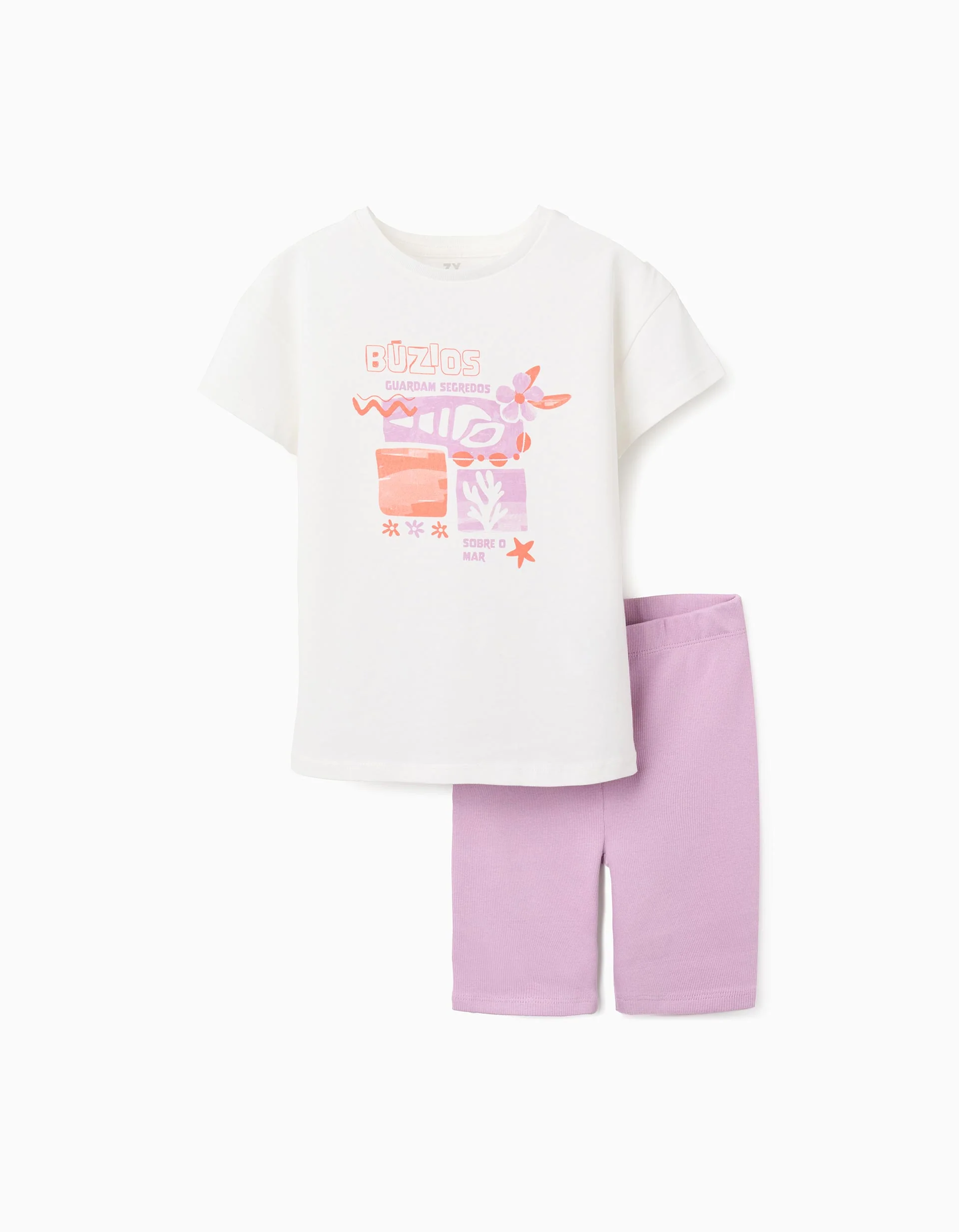 Cotton T-shirt and short leggings set for girls, white/lilac