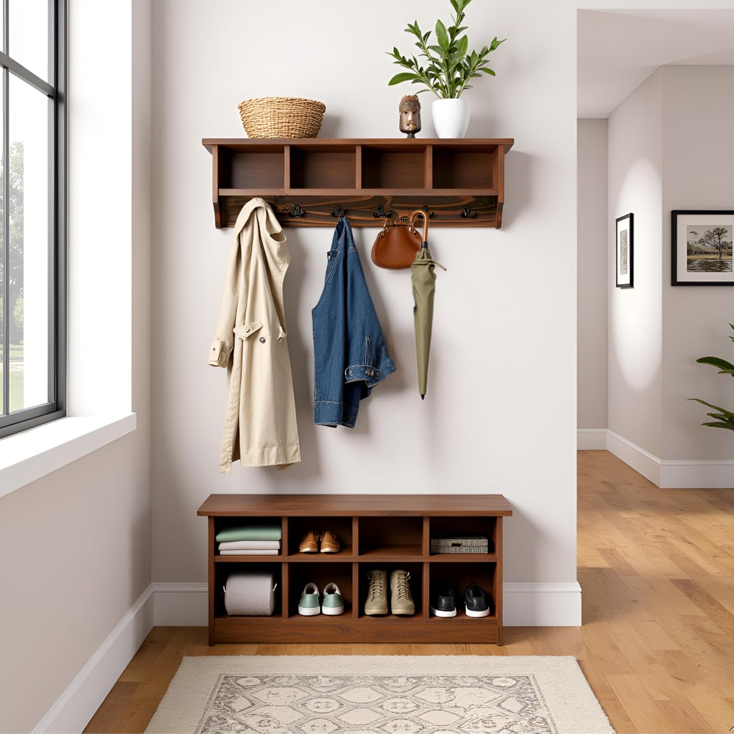 Pomona 48-Inch Wall-Mounted Coat Rack – Solid Wood & Metal Modern Entryway Organizer with 6 Heavy-Duty Hooks and 4 Open Cubbies for Mudroom, Hallway, Apartment, or Office Storage by Alaterre Furniture